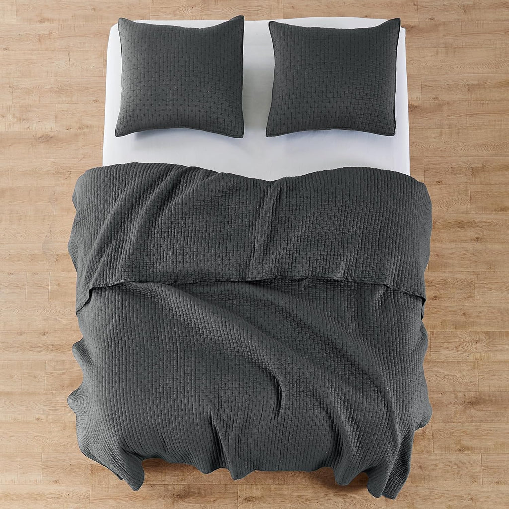 Levtex Home Cross Stitch Reversible Full/Queen Quilt Set (88x92in) with 2 Pillow Shams (26x20in) - Stitch Texture - Charcoal - Cotton Full/Queen Size Quilt Bedding Set - Lightweight, Soft, Pre-Washed