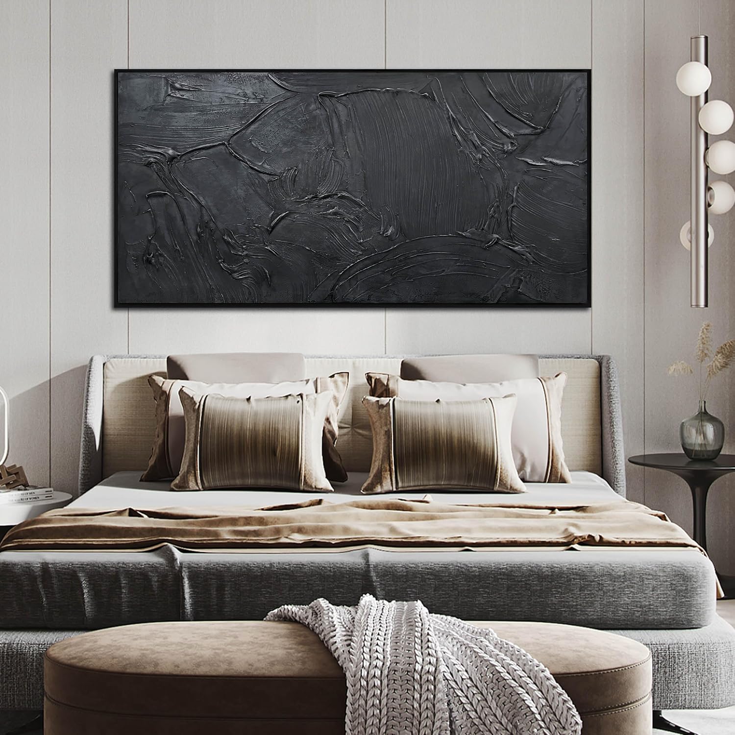 HUBOSKN Black Abstract Hand Painted Wall Art for Living Room - Minimalist Large Canvas Wall Art for Office - Frames Wall Decor Bedroom Size 29' x 59'