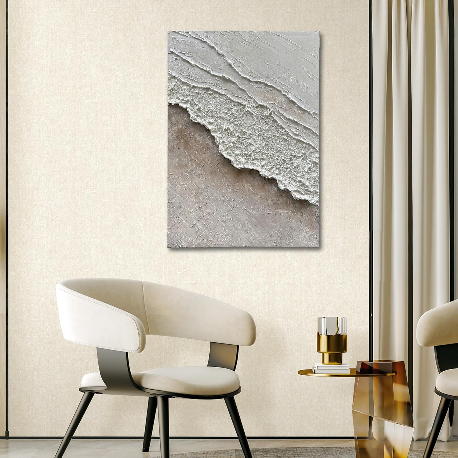 Art Hand-Painted White and Brown Gradient Wavy Texture Abstract Oil Painting 40x28-inch Canvas Oil Painting an Artwork Suitable for Home and Office Wall Decoration