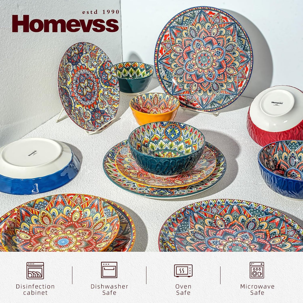 Homevss Boho 20 Pieces Dinnerware Sets, Plates and Bowls Set, Dishes Set for 4, Microwave and Dishwasher Safe, Scratch Resistant, Bohemian Style Dining Ware, Mixed Blue, Green, Orange and Red