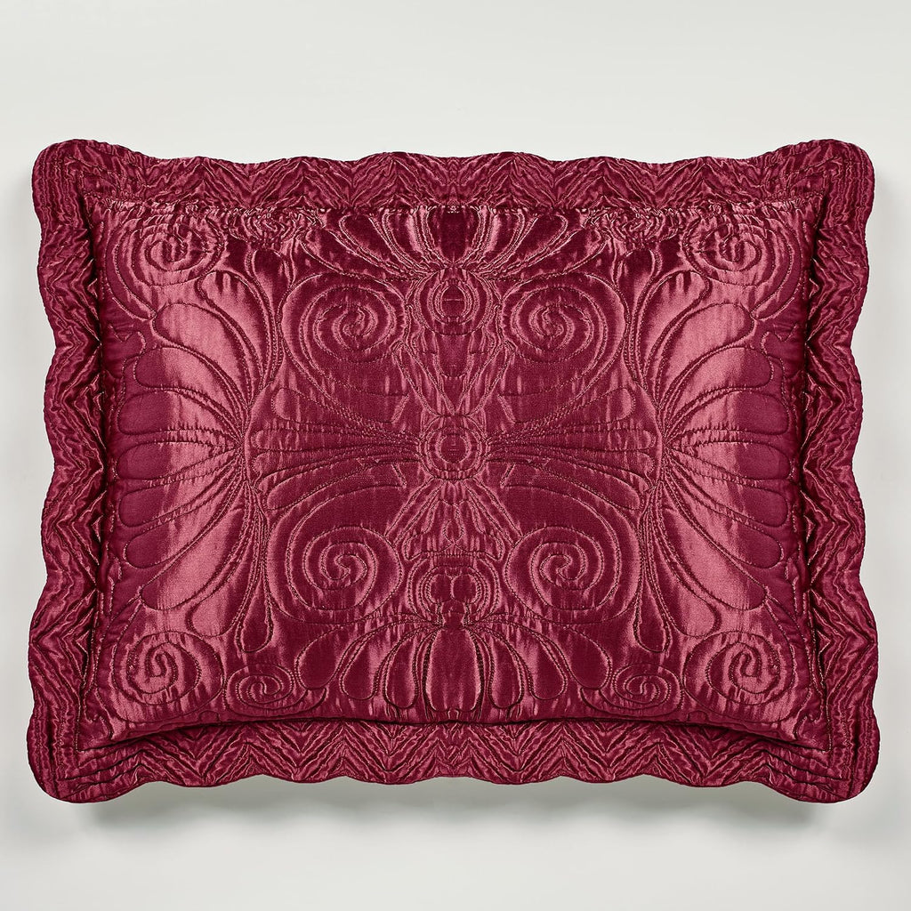 Touch of Class Portia Luxury Bedding | Rich Ruby Red | Premier Quilted Polyester Satin | Romantic Hand Guided Machine Quilted Scroll Design 3 Piece Set with Full Bedspread and 2 Standard Shams