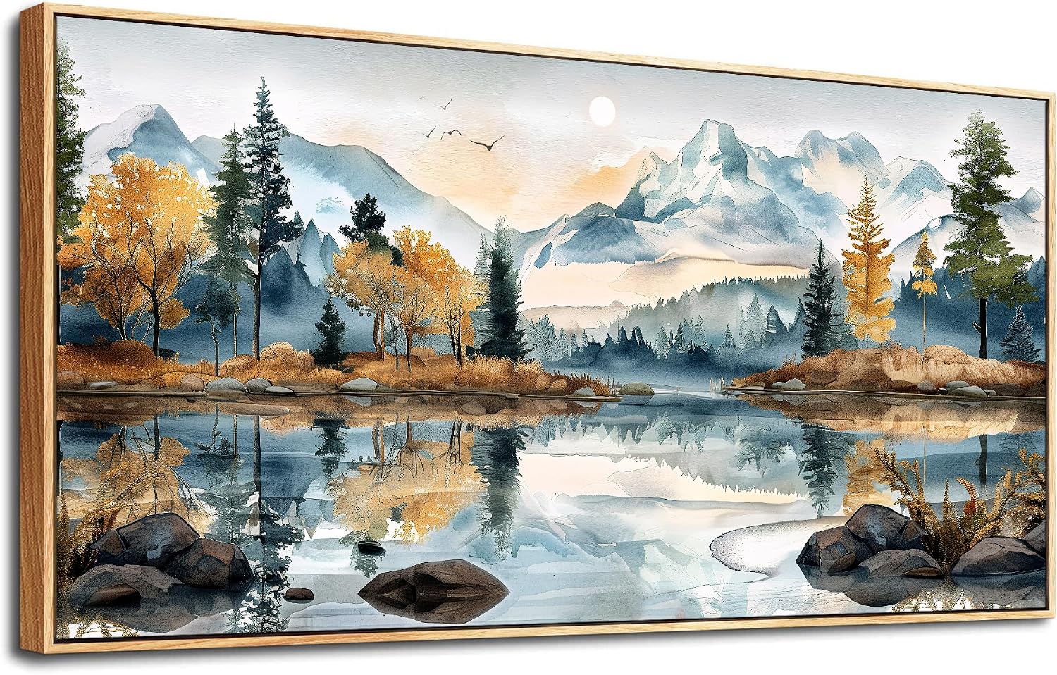 ERQINHUA Large Canvas Wood Framed Abstract Wall Art Living Room Wall Decor for Bedroom Office Decoration Watercolour Paint Tree Lakeside Landscapes Picture Artwork Home Decor Ready to Hang 30x60 In