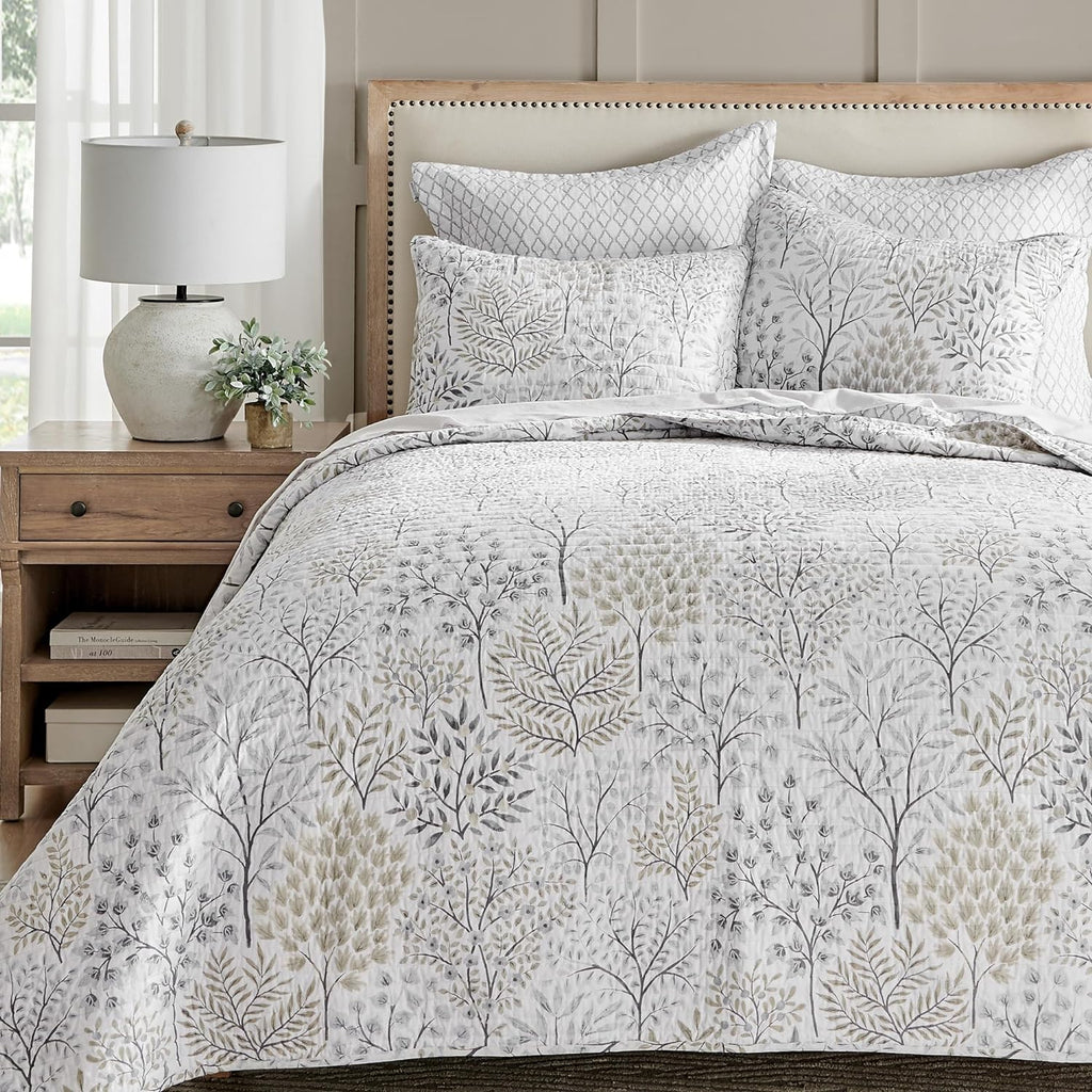 Levtex Home English Forest Natural Reversible Full/Queen Quilt Set (88x92in) and 2 Pillow Shams (26x20in) - Floral - Taupe Grey - Cotton Full/Queen Size Quilt Bedding Set - Lightweight Soft Pre-Washed