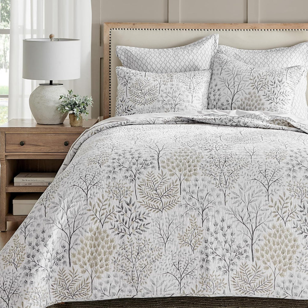 Levtex Home English Forest Natural Reversible Twin XL/Twin Quilt Set (68x86in) with 1 Pillow Sham (26x20in) - Floral - Taupe Grey - Cotton Twin Size Quilt Bedding Set - Lightweight, Soft, Pre-Washed