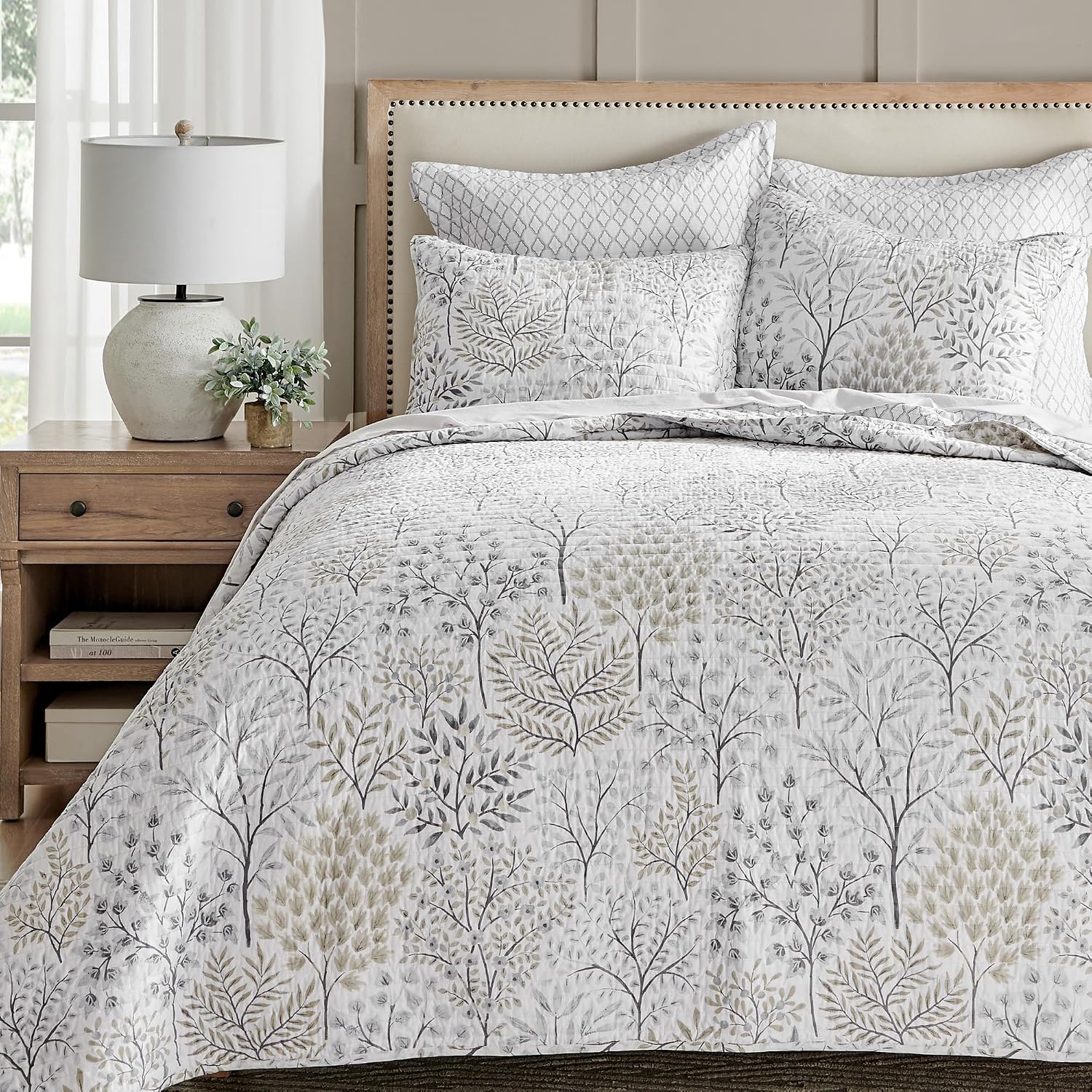 Levtex Home English Forest Natural Reversible Twin XL/Twin Quilt Set (68x86in) with 1 Pillow Sham (26x20in) - Floral - Taupe Grey - Cotton Twin Size Quilt Bedding Set - Lightweight, Soft, Pre-Washed