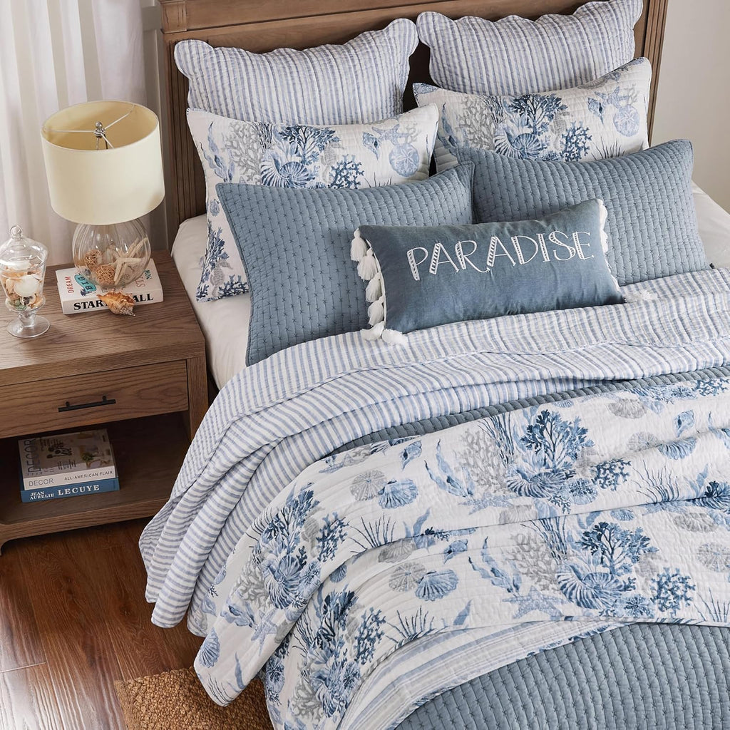 Levtex Home - Cross Stitch Chambray Quilt Set - Full/Queen Quilt + Two Standard Pillow Shams - Cross Stitched Pattern - Quilt Size (88x92in) and Pillow Sham Size (26x20in) - Reversible - Cotton Fabric