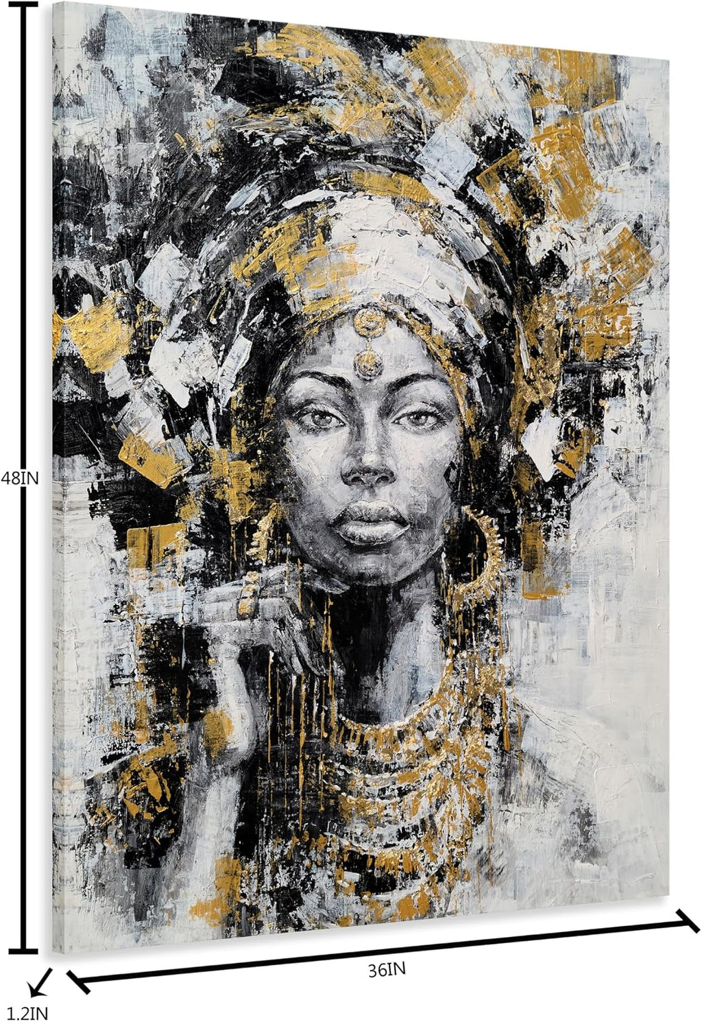 Yihui Arts Black Woman Painting with Gold Foil - Hand Painted African American Canvas Wall Art for Living Room, Bedroom, and Hallway Decor