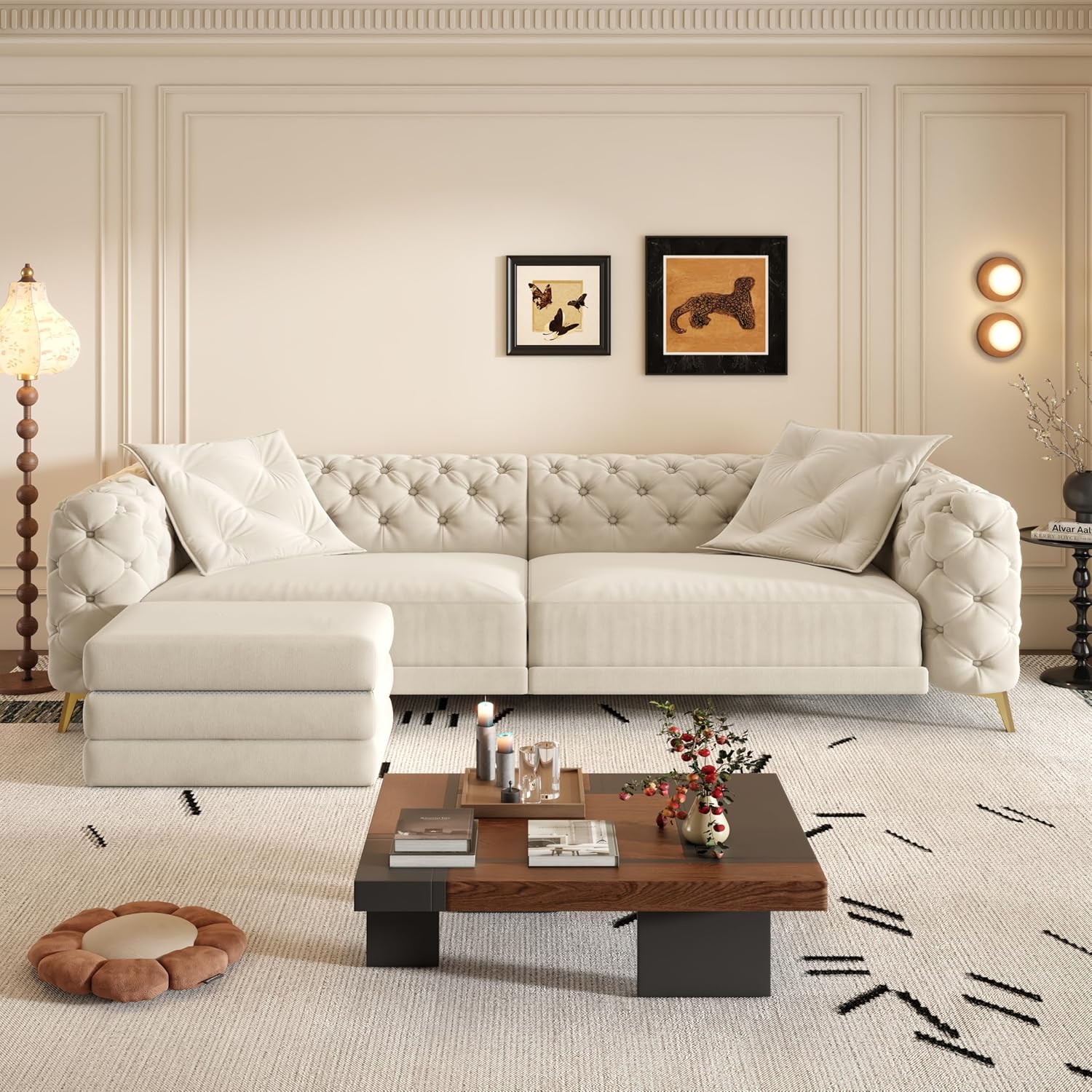 WILLIAMSPACE 97.7' 3-in-1 Convertible Sleeper Sofa Bed, Modern Button Tufted 28.4' Deep Seat Pull Out Couch Bed with Movable Ottoman, Multi-Functional 4-Seater Couch for Living Room, Velvet - Beige