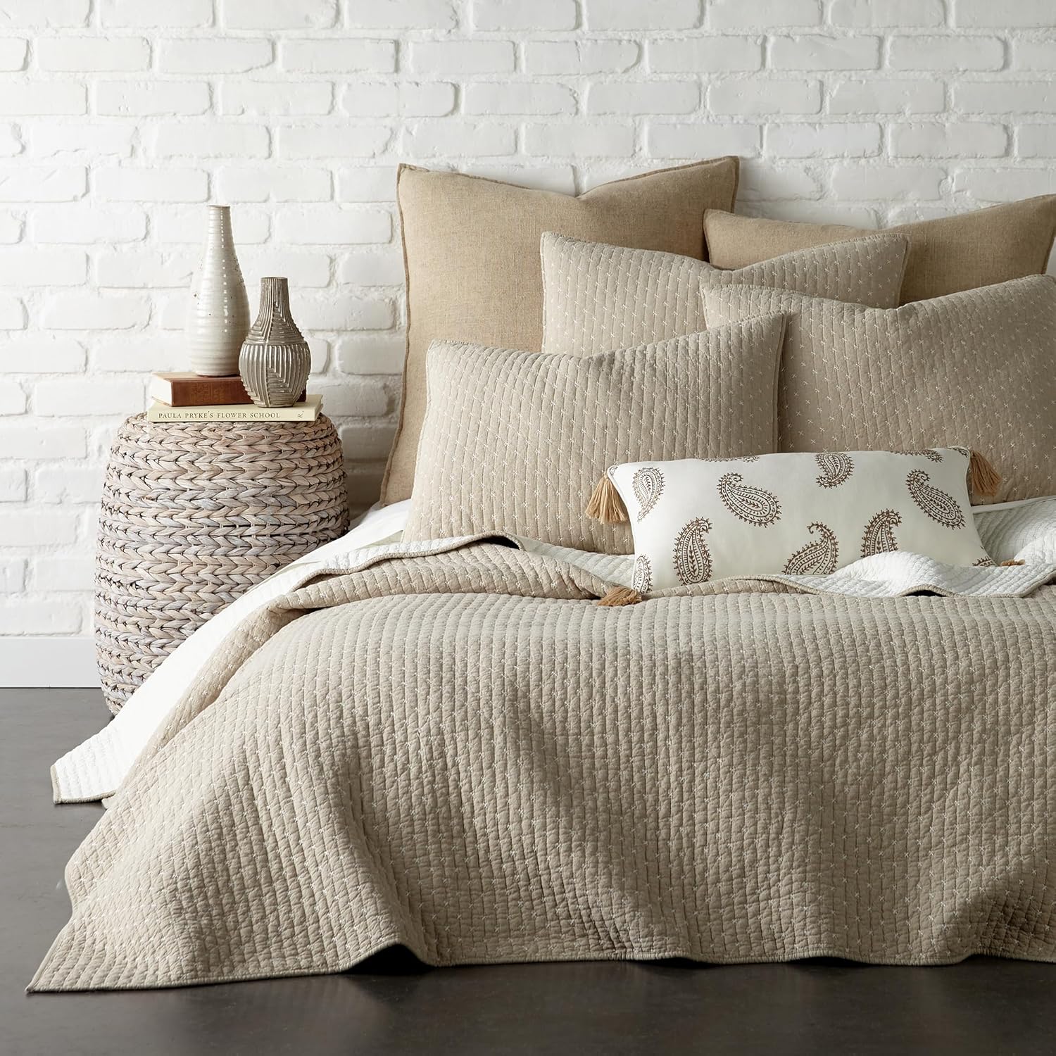 Levtex Home Cross Stitch Reversible Full/Queen Quilt Set (88x92in) with 2 Pillow Shams (26x20in) - Stitch Texture - Taupe - Cotton Full/Queen Size Quilt Bedding Set - Lightweight, Soft, Pre-Washed