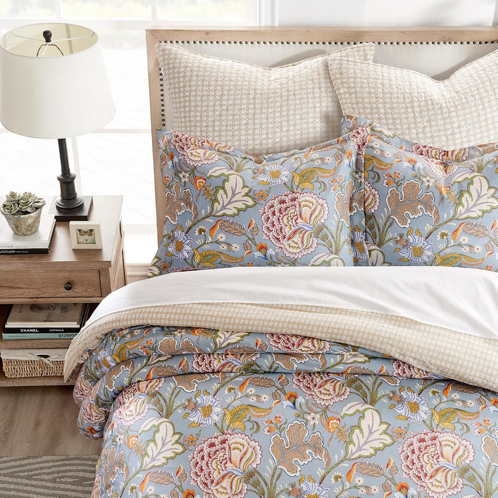 Levtex Home Angelica Reversible Twin/Twin XL Comforter Set (68x88in) with 1 Pillowcase (26x20in) - Floral Bedding - Blue Grey, Coral - 100% Cotton Twin Size Comforter Set - Soft, Pre-Washed