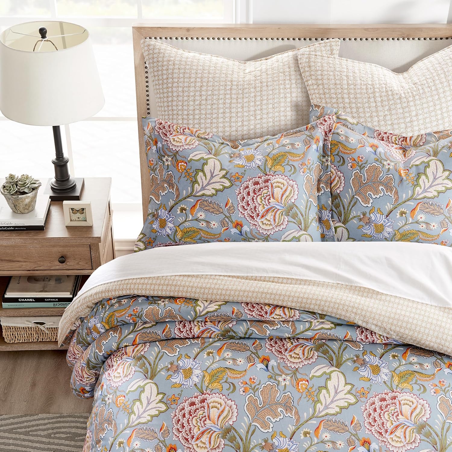 Levtex Home Angelica Reversible Twin/Twin XL Comforter Set (68x88in) with 1 Pillowcase (26x20in) - Floral Bedding - Blue Grey, Coral - 100% Cotton Twin Size Comforter Set - Soft, Pre-Washed