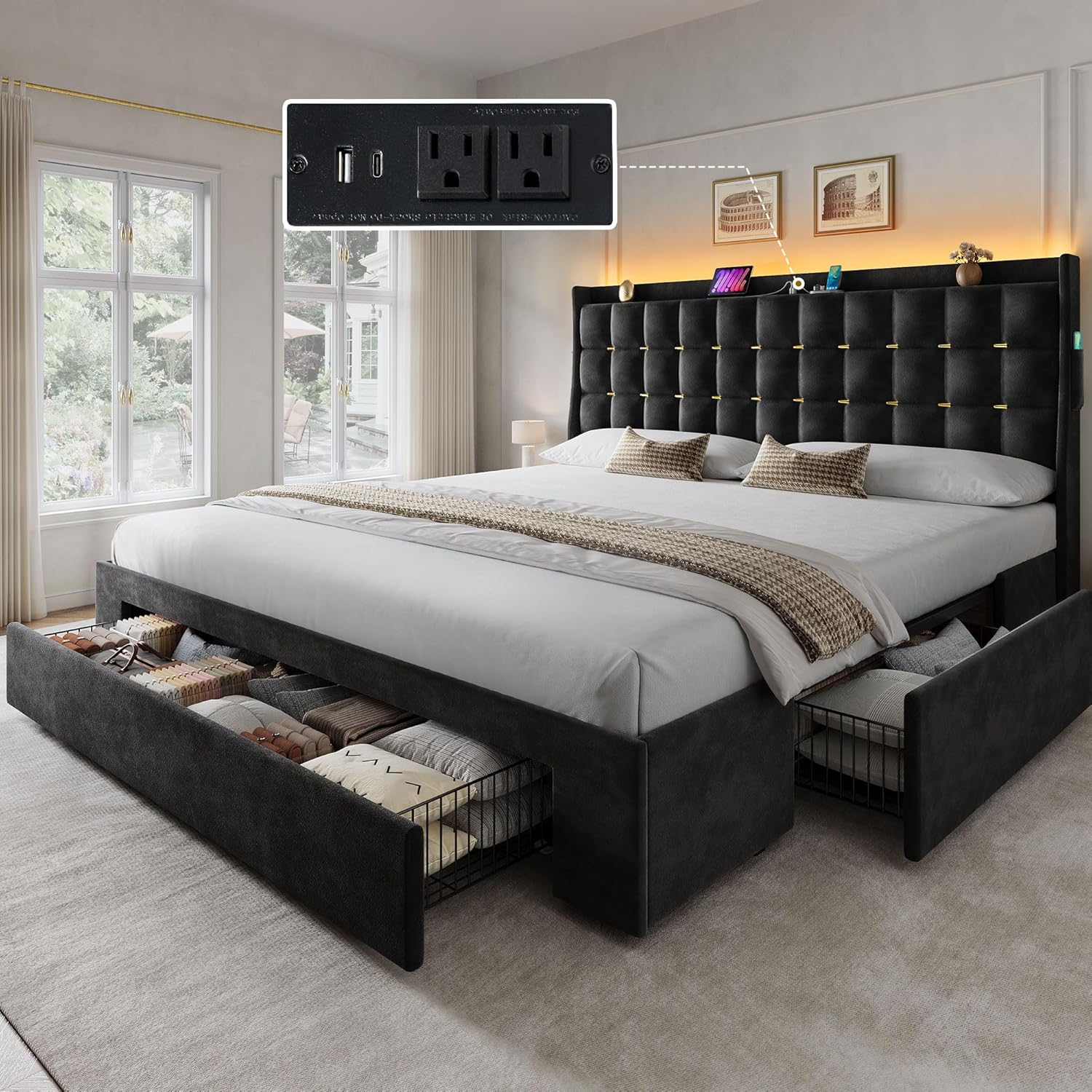 DWVO King Size Bed Frame with 3 Storage Drawers and RGB LED Lights, Velvet Upholstered Bed with Charging Station and Storage Headboard, No Box Spring Needed, Easy Assembly, Noise-Free, Black