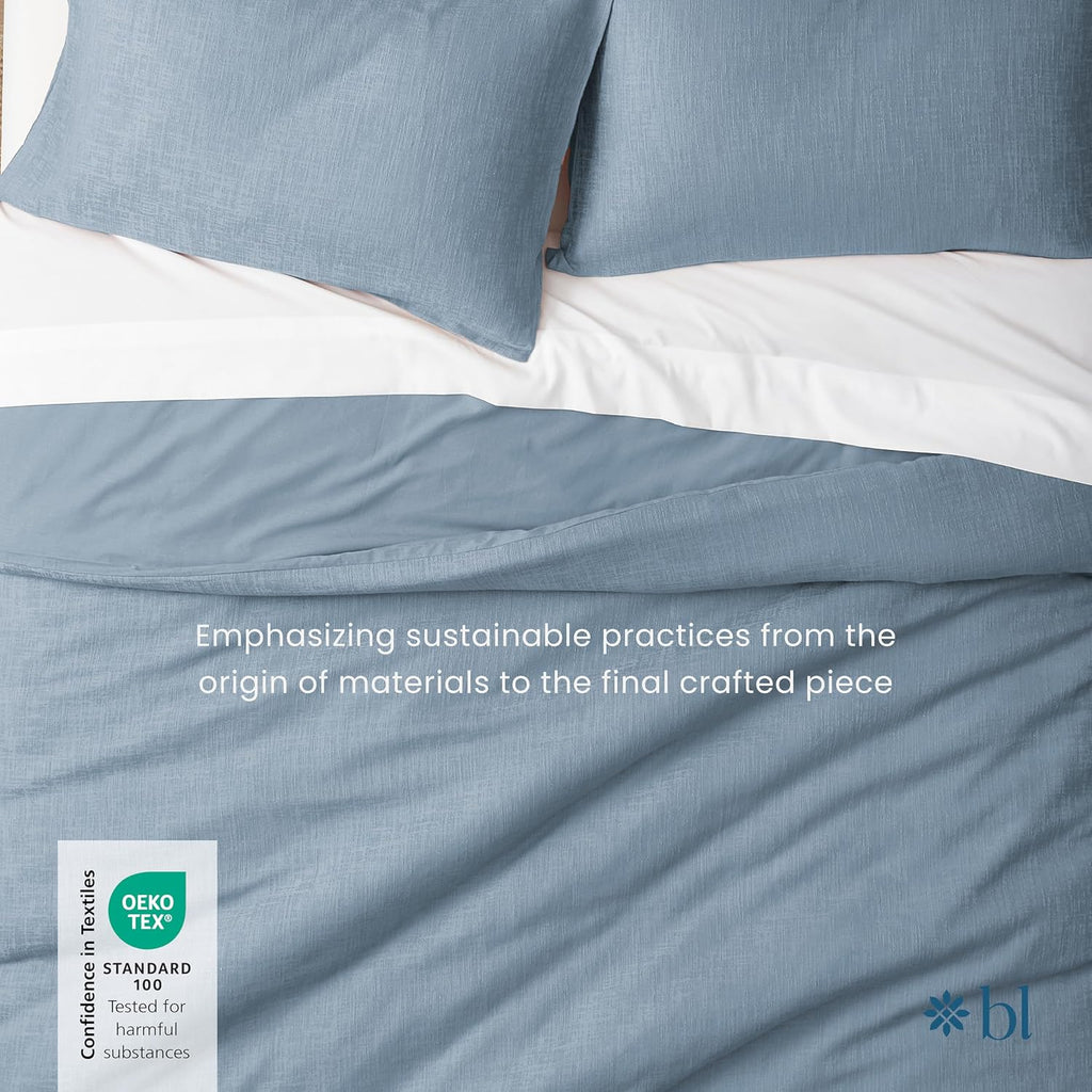Blue Loom Duvet 100% Cotton Set, 3 Piece, Stone Washed Duvet Set Full/Queen Size 92' x 90' with 2 Matching Pillow Shams, Comforter Not Included, Vivie - Denim Blue