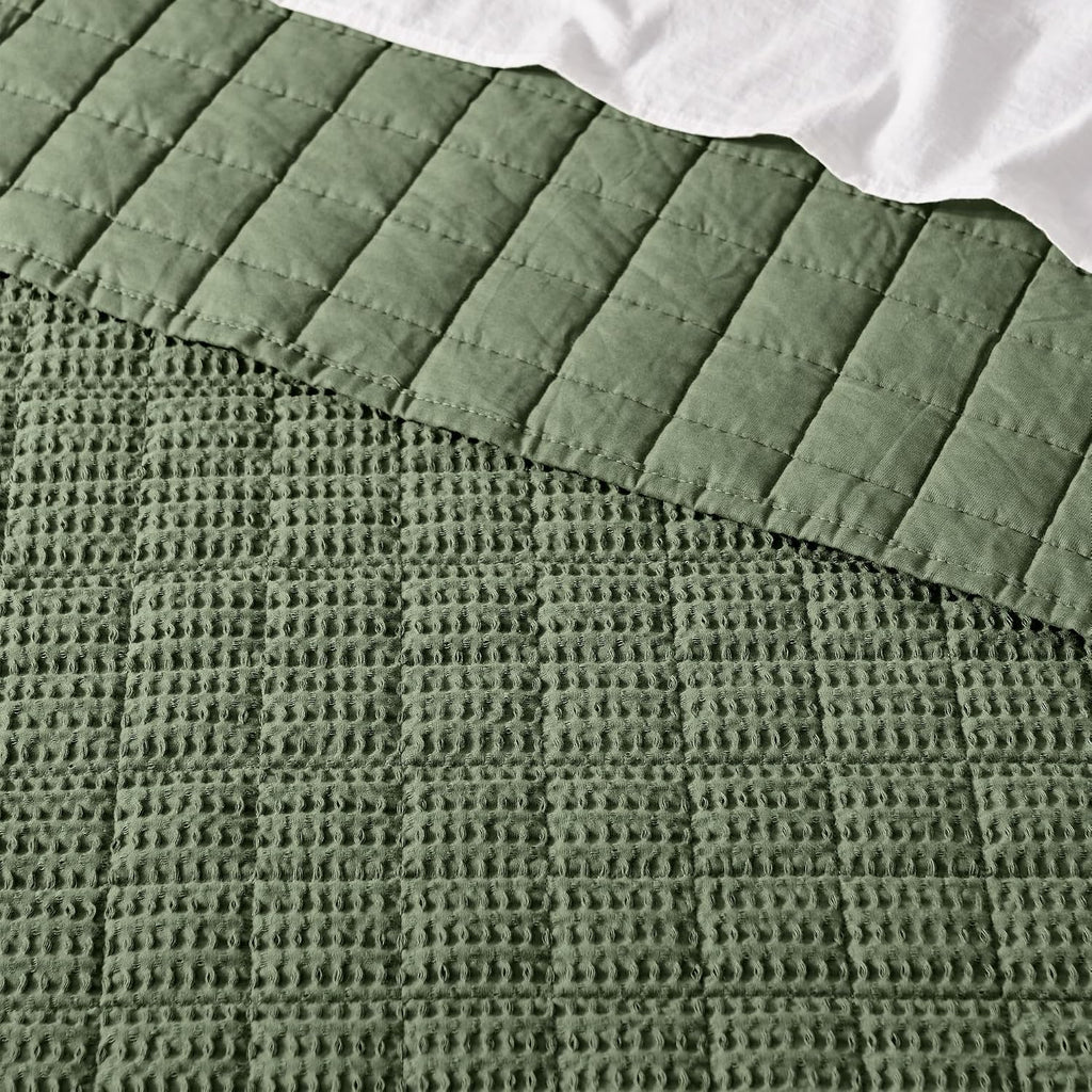 Levtex Home Cloud Waffle Full/Queen Quilt Set (88x92in) and 2 Pillow Shams (26x20in) - Box Quilted Waffle Texture - Forest Green - Cotton Full/Queen Size Quilt Bedding Set - Lightweight Soft | Textured