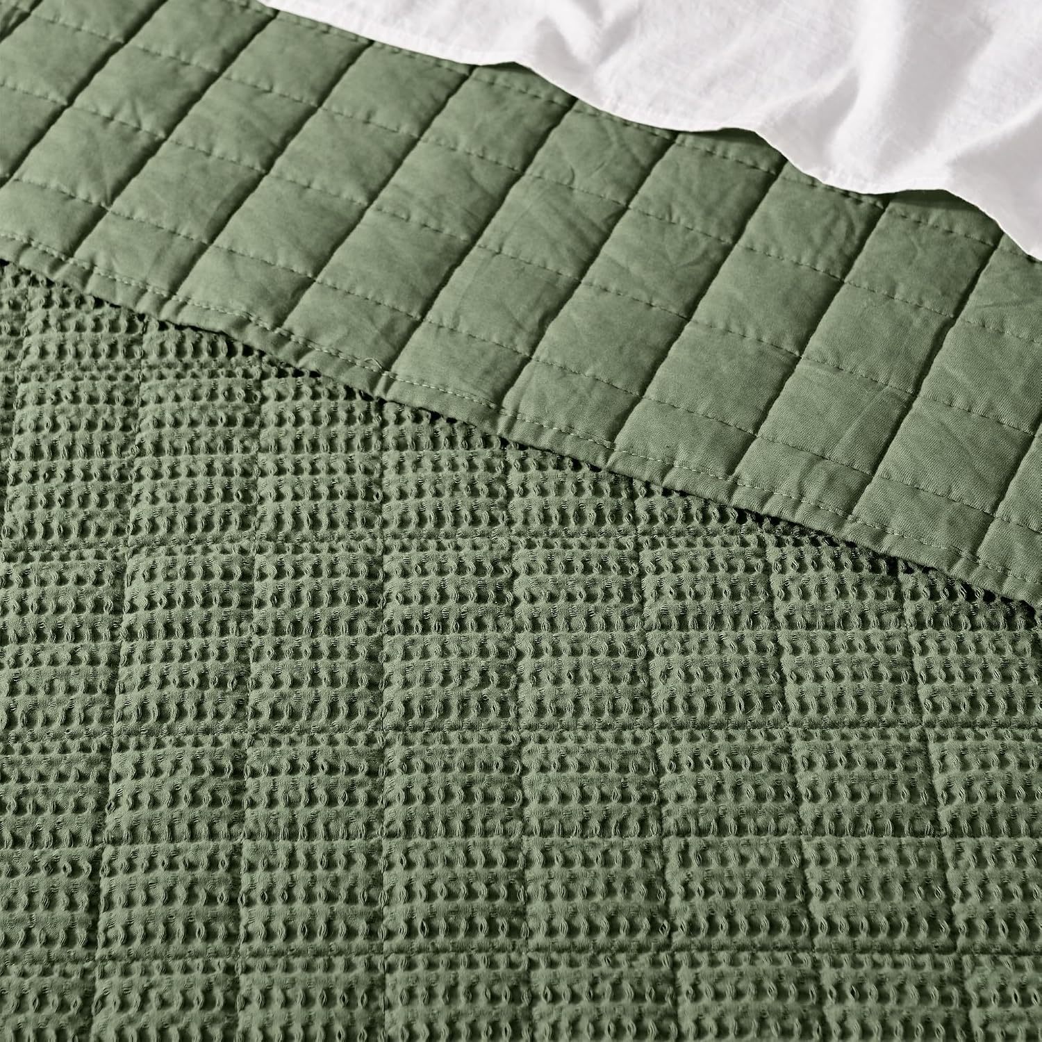 Levtex Home Cloud Waffle Full/Queen Quilt Set (88x92in) and 2 Pillow Shams (26x20in) - Box Quilted Waffle Texture - Forest Green - Cotton Full/Queen Size Quilt Bedding Set - Lightweight Soft | Textured