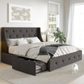 SHA CERLIN Queen Platform Upholstered Bed Frame with 4 Storage Drawers and Wingback Headboard, Diamond Stitched Button Tufted Design, No Box Spring Needed, Dark Grey