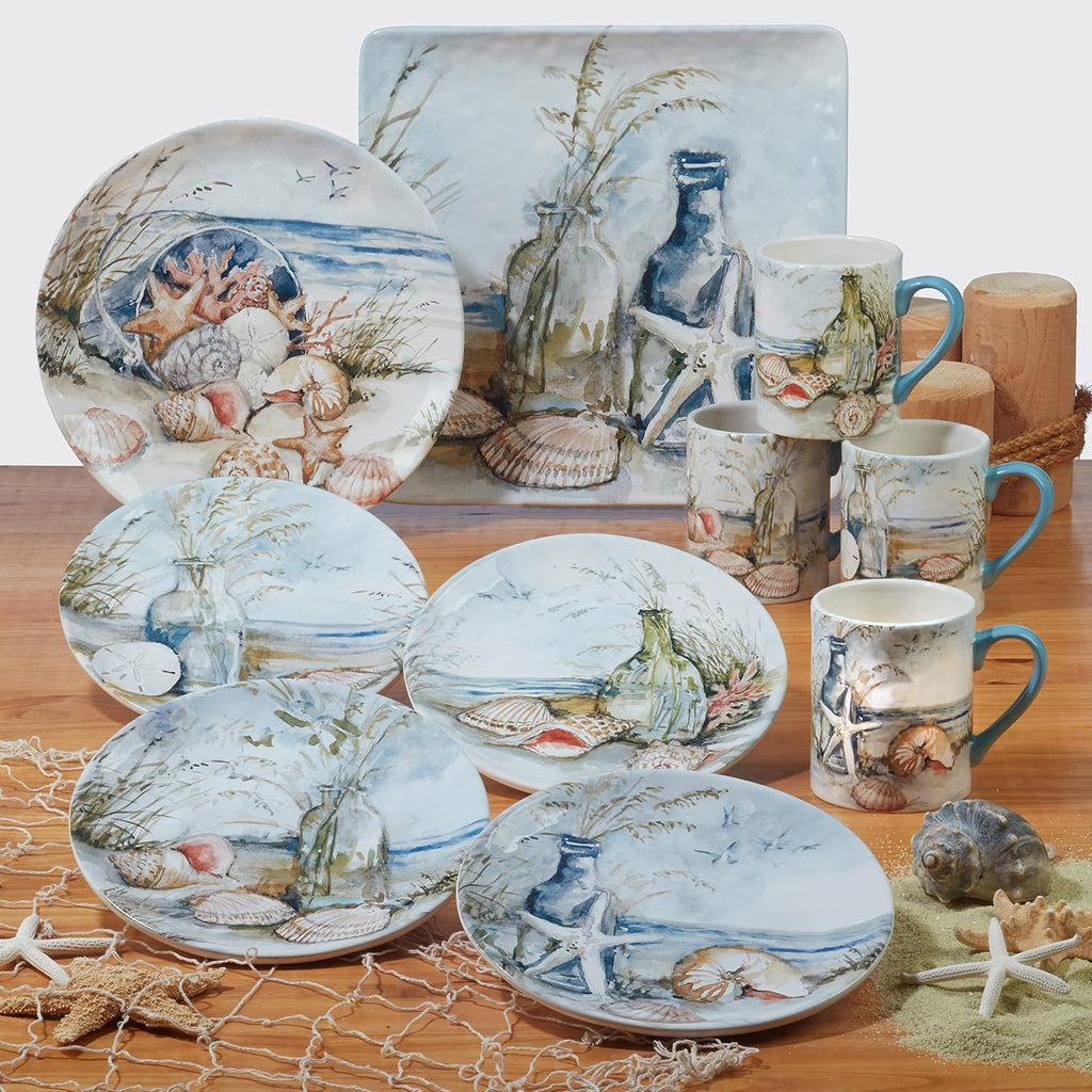 Coastal Landscape 16 Piece Ceramic Dinnerware Set – Service for 4 with Beach-Themed Dinner Plates, Salad Plates, Bowls & Mugs – Ocean-Inspired Tableware for Everyday or Coastal Entertaining