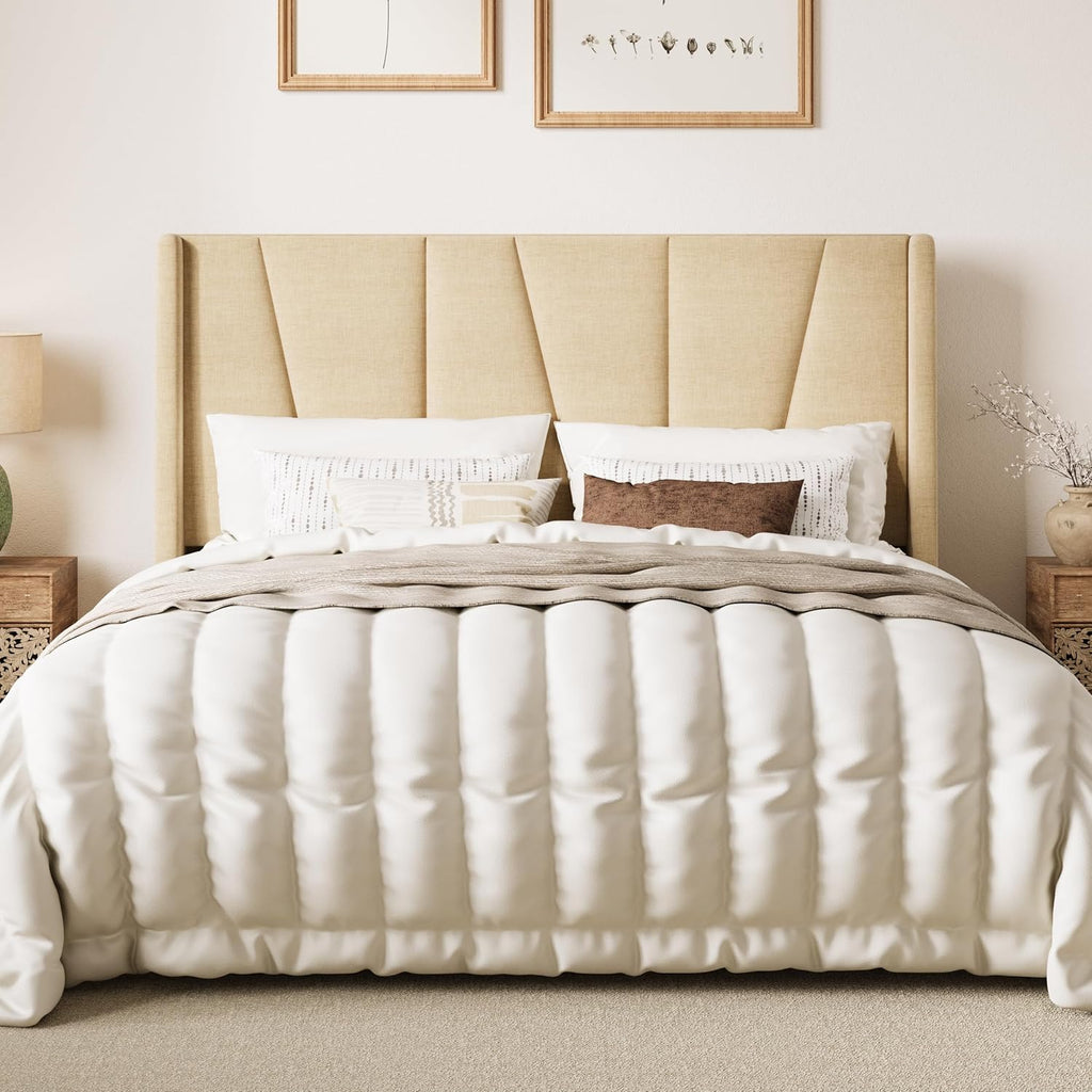 SHA CERLIN Full Size Bed Frame with Geometric Wingback Headboard, Upholstered Platform Bed with Wooden Slats Support, 8' Under-Bed Space, No Box Spring Needed, Easy Assembly, Beige