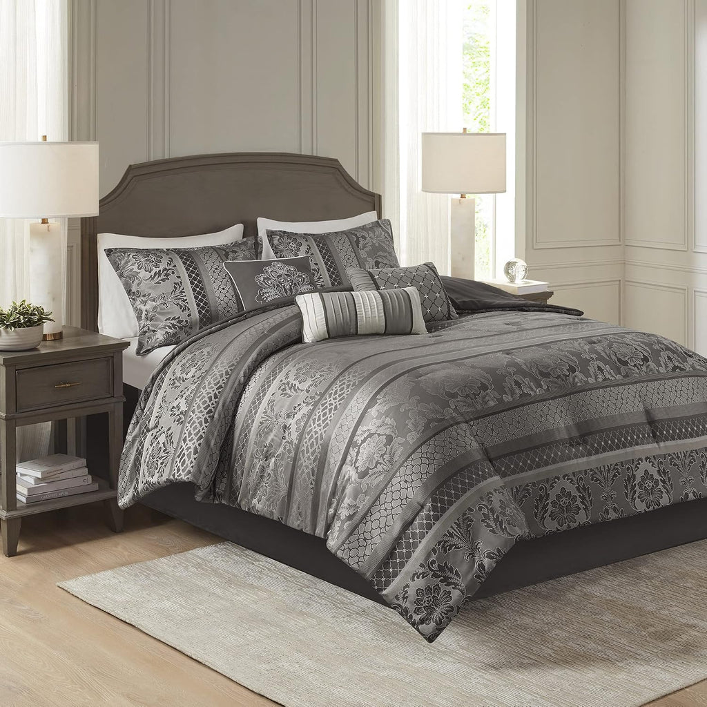 Madison Park Bellagio Cozy Comforter Set - Luxurious Jaquard Traditional Damask Design, All Season Down Alternative Bedding with Matching Shams, Decorative Pillow, Cal King(104'x92'), Grey 7 Piece
