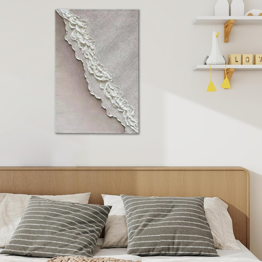 Art Hand-Painted Beach Wave Landscape Art Oil Painting with White Texture Abstract Style for Home Wall Decoration. 40x28 inches
