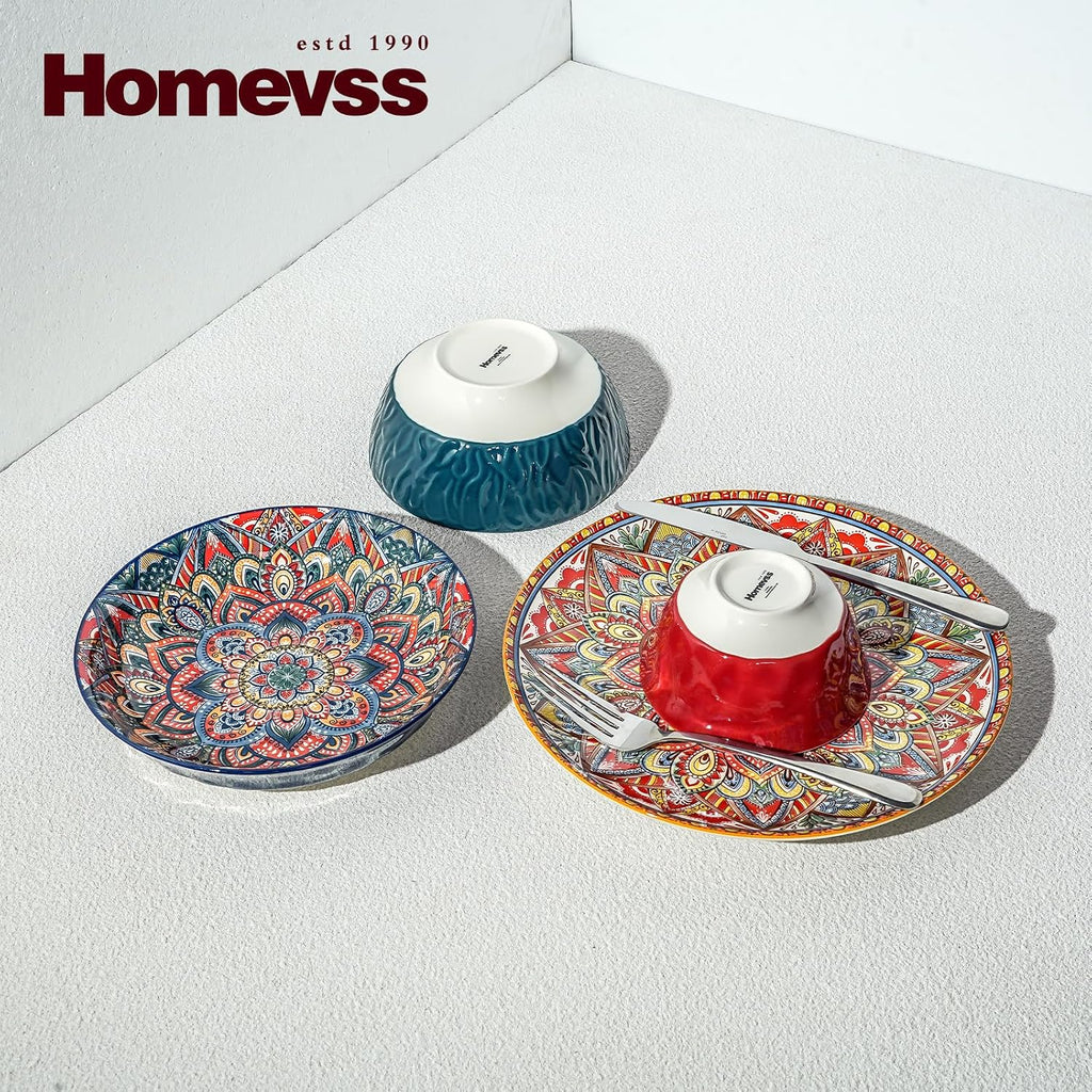 Homevss Boho 20 Pieces Dinnerware Sets, Plates and Bowls Set, Dishes Set for 4, Microwave and Dishwasher Safe, Scratch Resistant, Bohemian Style Dining Ware, Mixed Blue, Green, Orange and Red