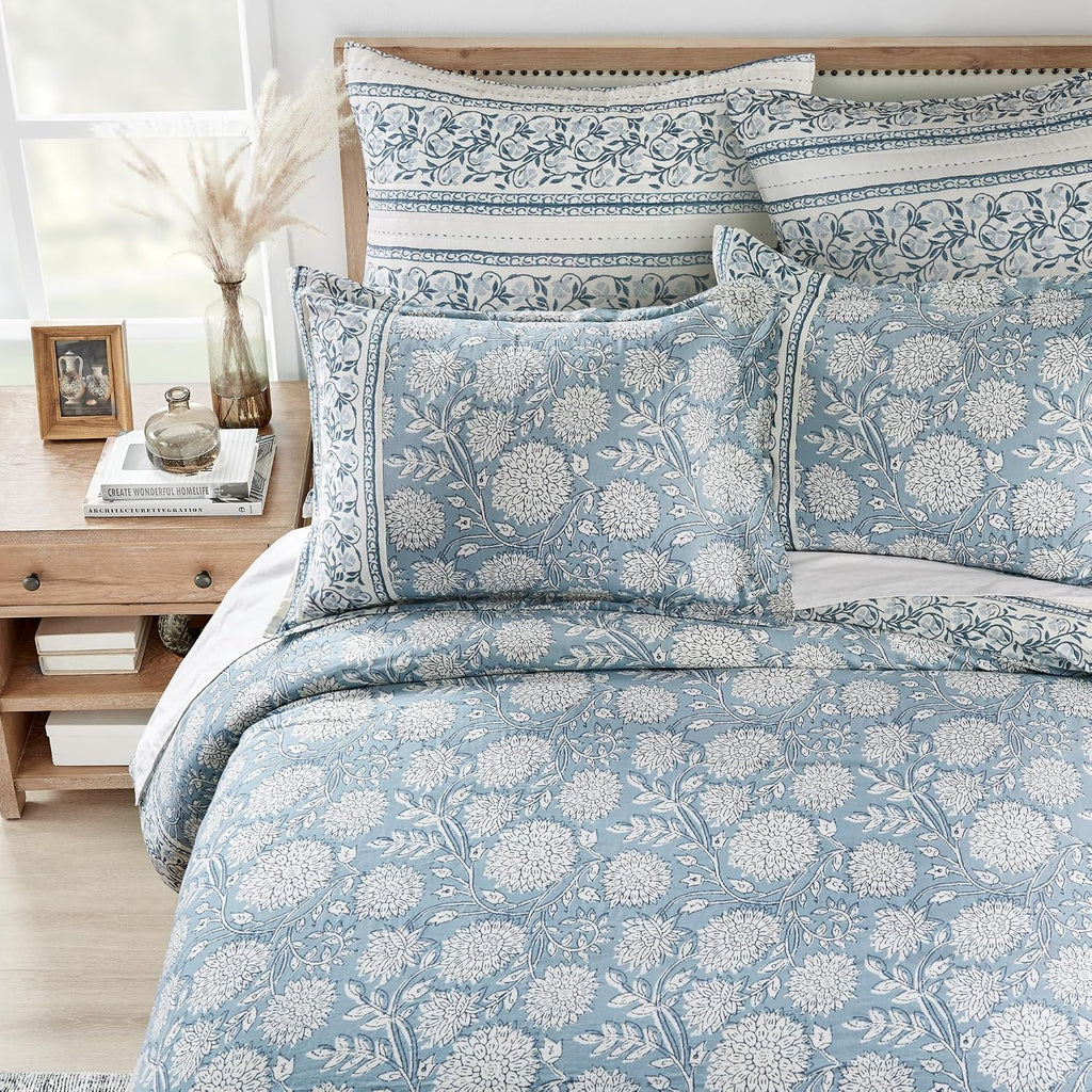 Levtex Home Adare Blue Reversible Twin/Twin XL Comforter Set (68x88in) with 1 Pillowcase (26x20in) - Floral Bedding - Blue and White - 100% Cotton Twin Size Comforter Set - Soft, Pre-Washed