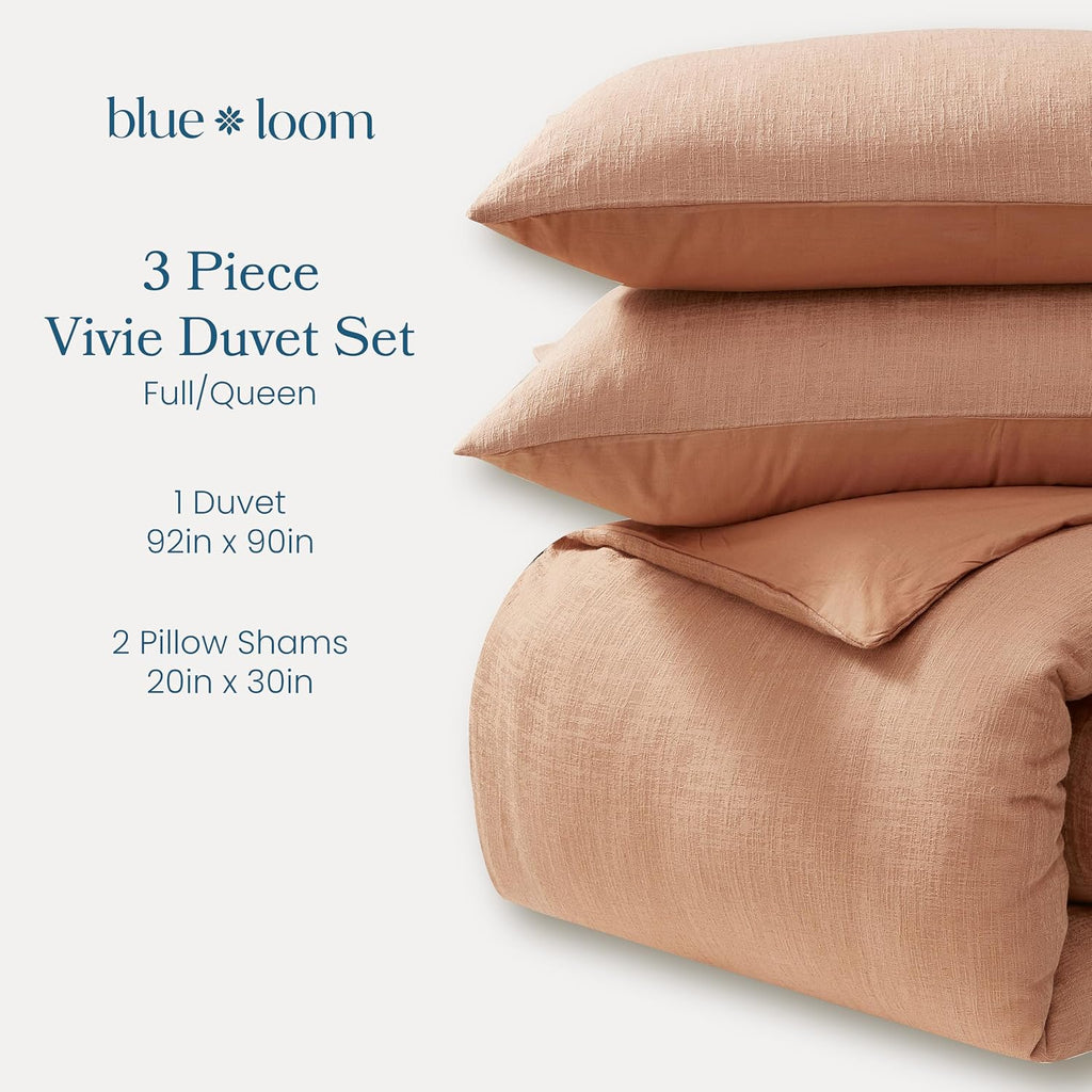 Blue Loom Duvet 100% Cotton Set, 3 Piece, Stone Washed Duvet Set Full/Queen Size 92' x 90' with 2 Matching Pillow Shams, Comforter Not Included, Vivie - Clay Red