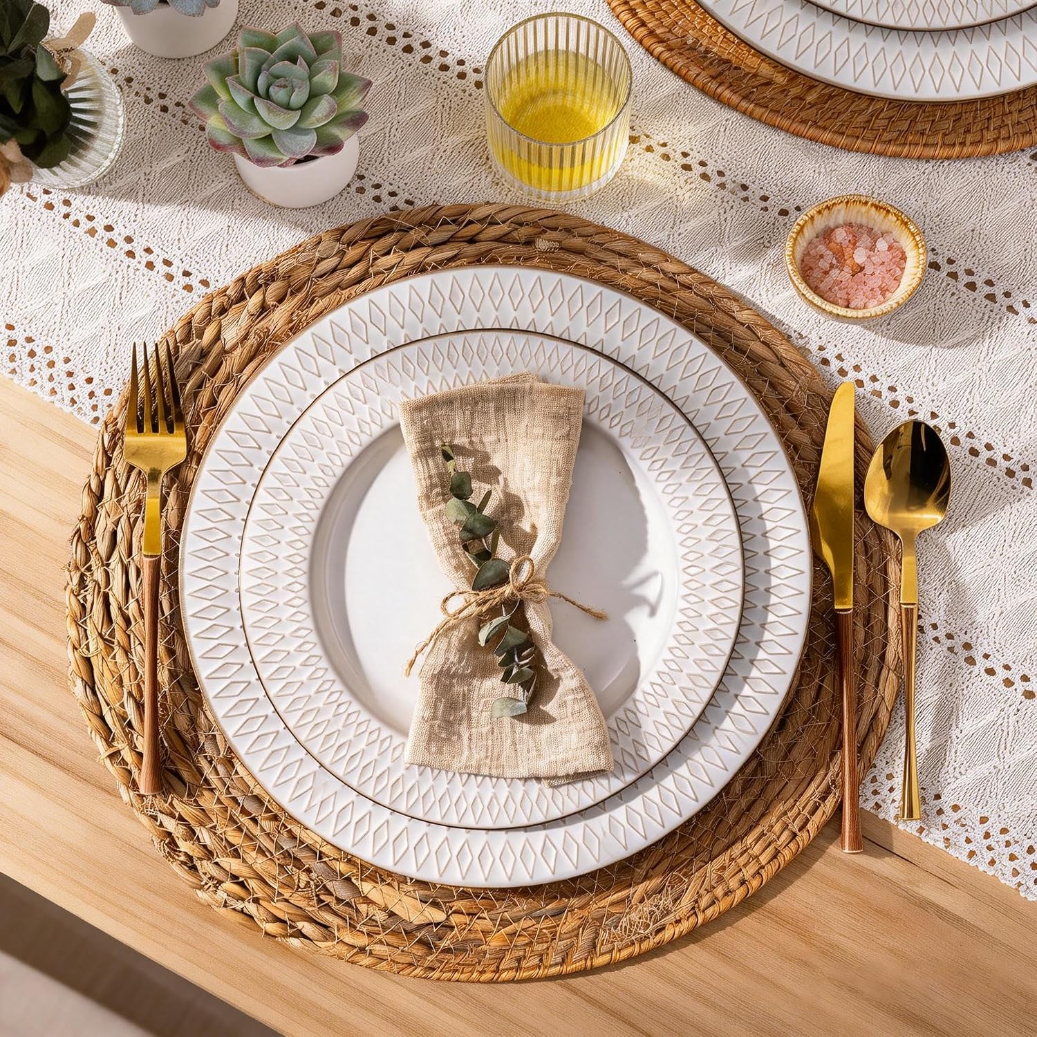 GBHOME Ceramic Dinnerware Sets, 24 pcs Embossed Elegant Stoneware Plates and Bowls Sets, Housewarming Wedding Gift | Dishwasher & Microwave Safe | Dishes Set Service for 8