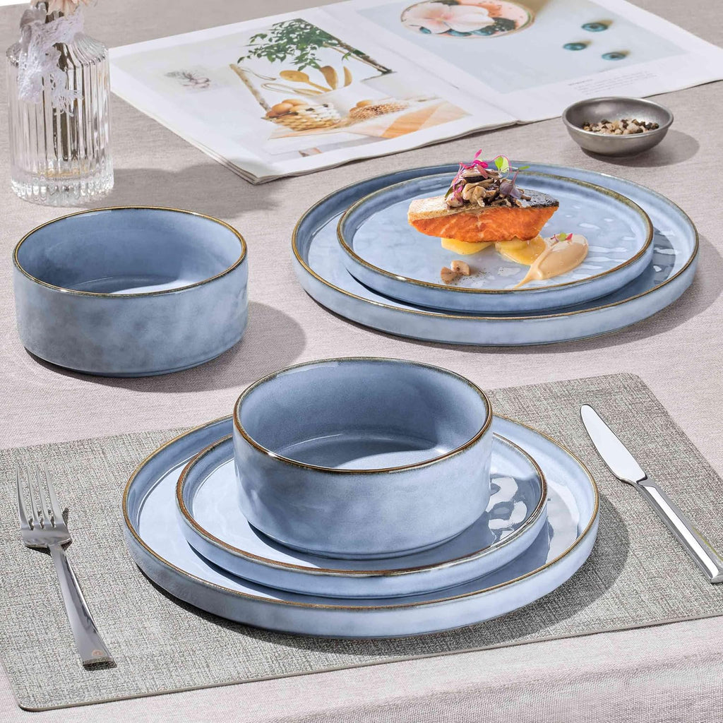 Herogo 24 Pieces Dinner Plates and Bowls Sets for 8, Stoneware Dinnerware Sets for Kitchen Dining, Reactive Glaze, Dishwasher & Microwave Safe, Haze Blue