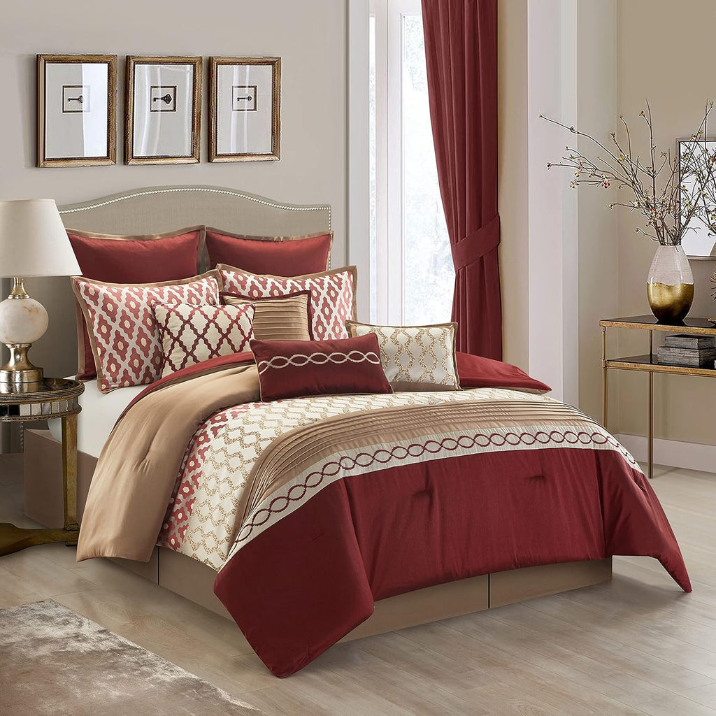 Stratford Park Burgundy King Size Comforter Set, 10 Piece, Jacquard Home Decor, Premium Lightweight Microfiber, Bedskirt, Pillows & Shams