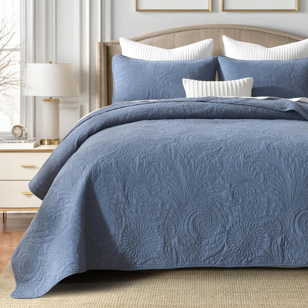 Cotton California King Size Comforter Set，Retro Blue Bedding，Paisley Bedspreads，Soft Cotton Quilt Solid Color (118'*106') with 2 Pillow Shams，Lightweight Bedspread All Seasons 3 Piece