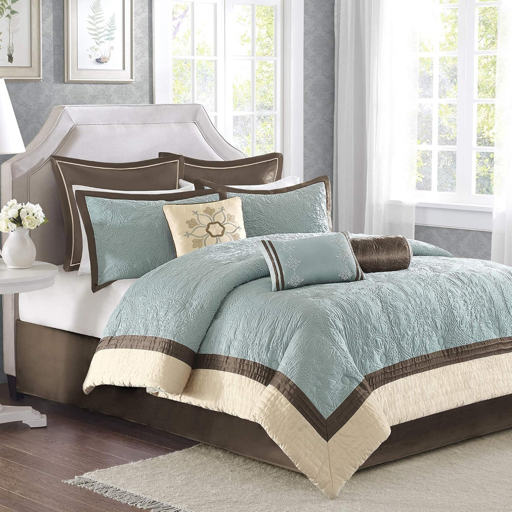 Madison Park Cozy Comforter Set Casual Modern Design All Season, Matching Bed Skirt, Decorative Pillows, Queen(92'x96'), Blue, 9 Piece (MP10-458)