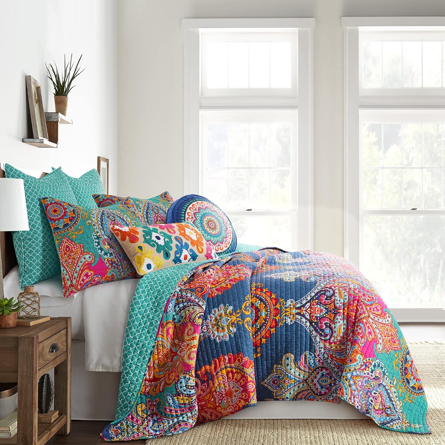 Levtex Home - Fantasia Quilt Set - King Quilt (106x92in.) + Two King Pillow Shams (36x20in.) - Bohemian - Teal, Orange, Yellow, Green, Blue - Reversible - Cotton Fabric