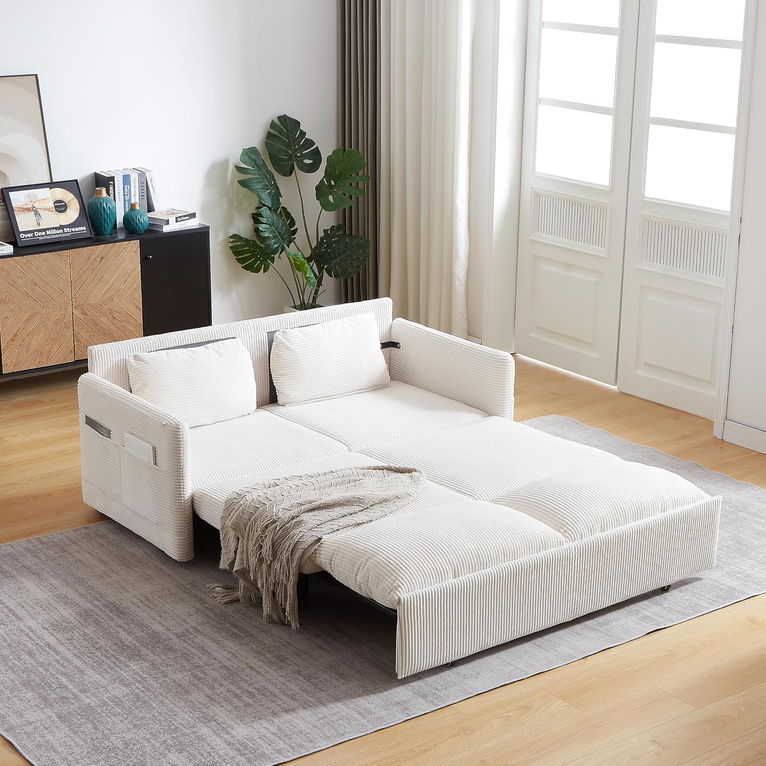 WILLIAMSPACE 64.5' Pull Out Sofa Bed, 3-in-1 Adjustable Sleeper Sofa Couch with Side Storage, Convertible Loveseat Sofa Bed Pull Out Couch for Living Room, Apartment, Corduroy, Beige