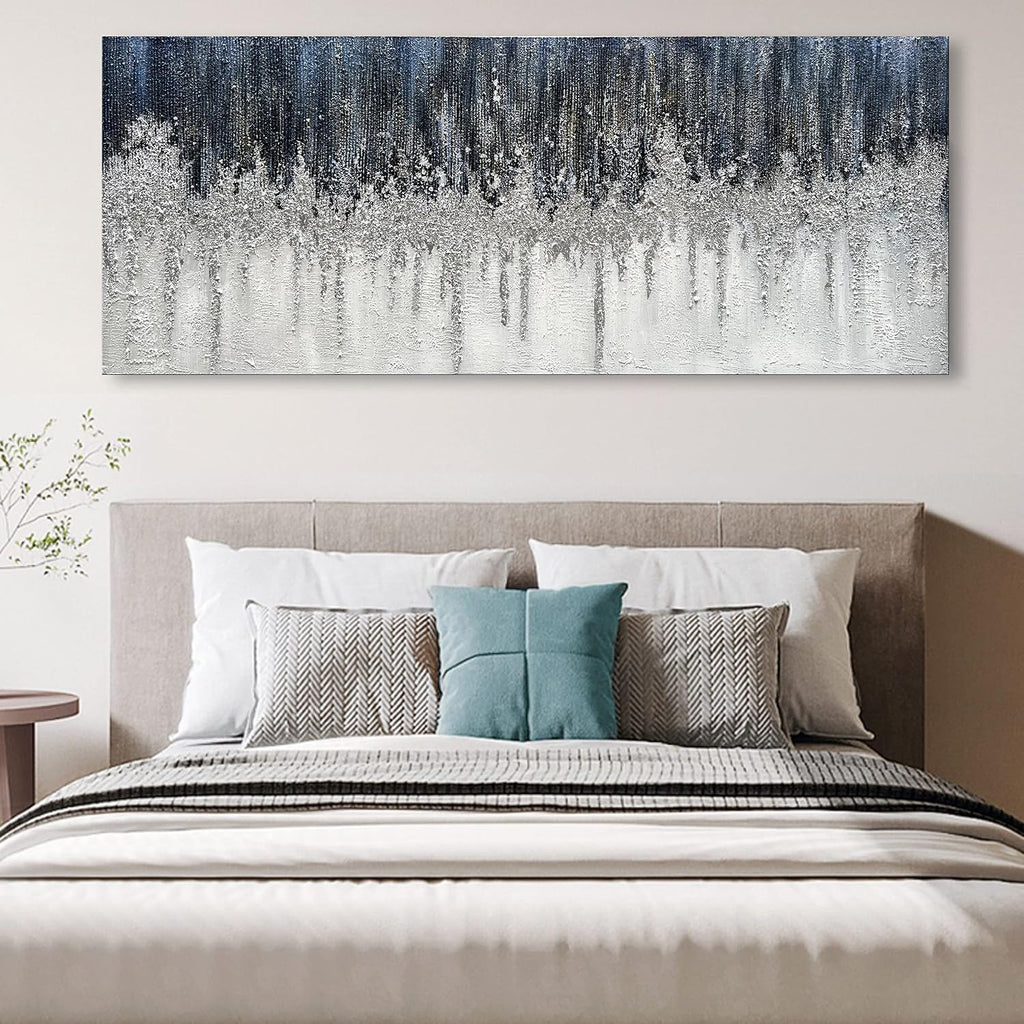 Limiyer Art Large Hand painted Abstract Oil painting Blue white Silver textured wall Art Deco Modern Abstract Art painter House Art Deco wall 24x60 inches