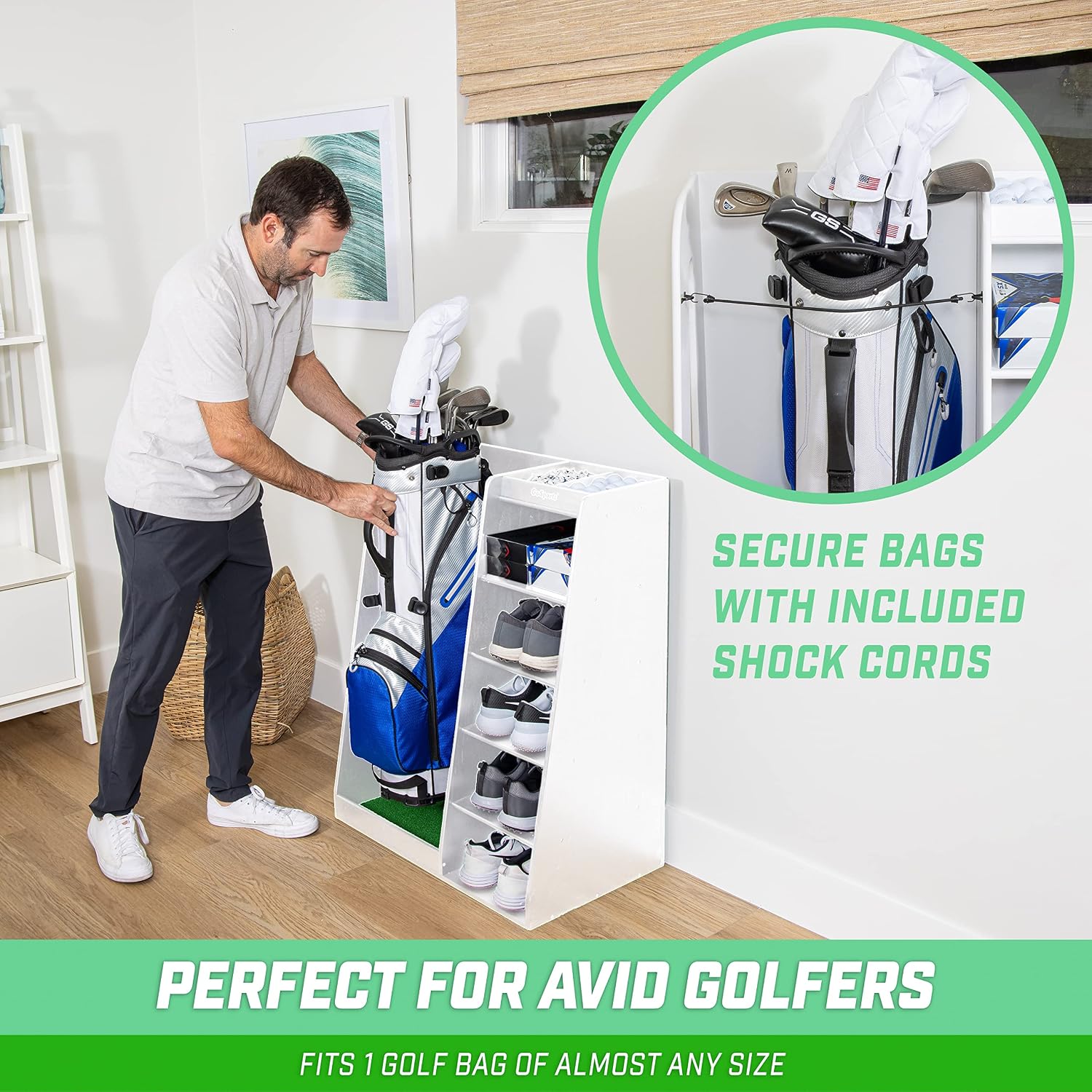 GoSports Premium Wooden Golf Bag Organizer and Storage Rack - Black, White or Brown Finish