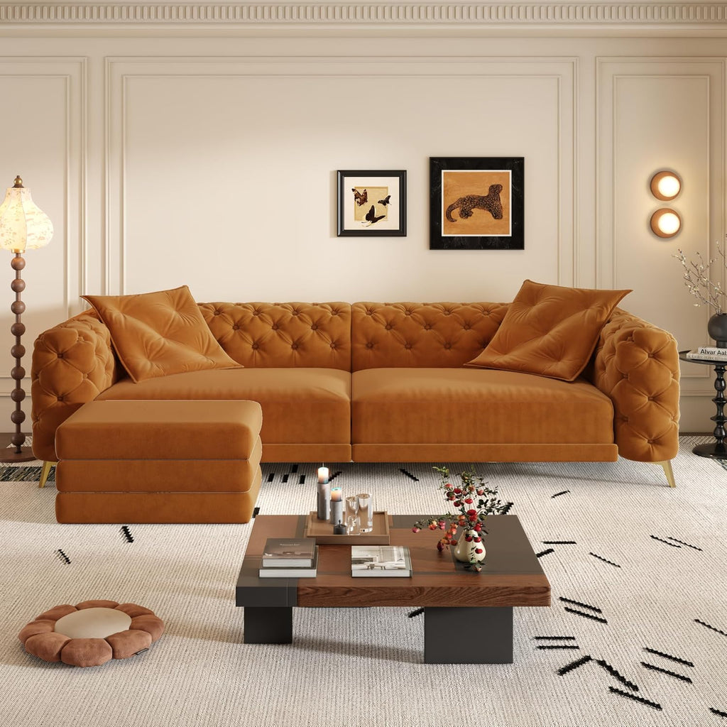WILLIAMSPACE 97.7' 3-in-1 Convertible Sleeper Sofa Bed, Modern Button Tufted 28.4' Deep Seat Pull Out Couch Bed with Movable Ottoman, Multi-Functional 4-Seater Couch for Living Room, Velvet - Orange