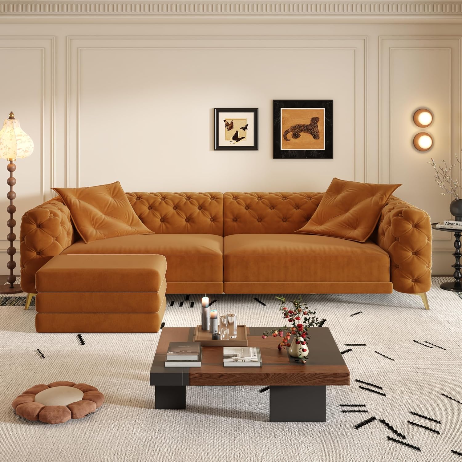 WILLIAMSPACE 97.7' 3-in-1 Convertible Sleeper Sofa Bed, Modern Button Tufted 28.4' Deep Seat Pull Out Couch Bed with Movable Ottoman, Multi-Functional 4-Seater Couch for Living Room, Velvet - Orange