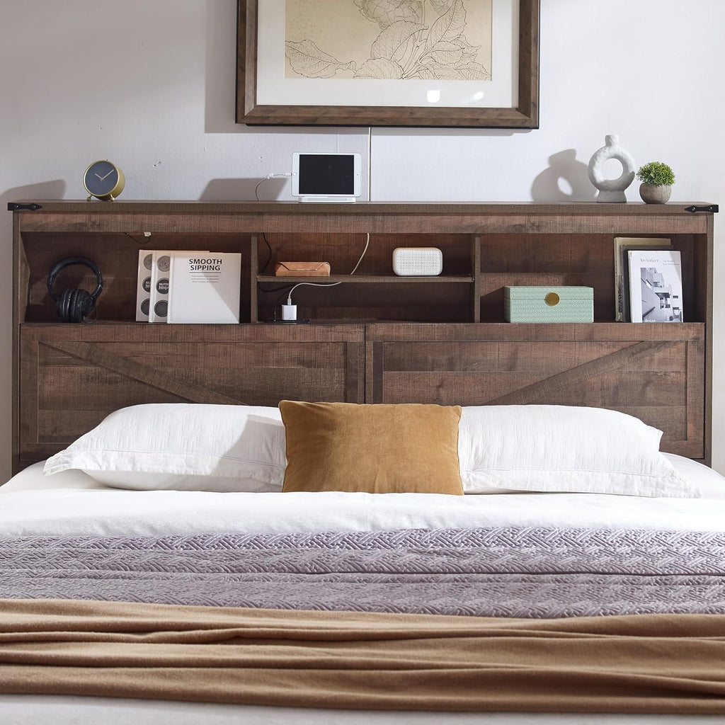 ACCOHOHO King Size Bed Frame with 52' High Storage Headboard and 4 Drawers,Wood Bed Frame with LED Light and Charging Station,Warm Brown