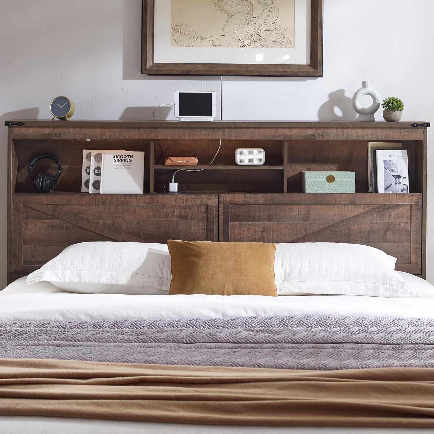 ACCOHOHO King Size Bed Frame with 52' High Storage Headboard and 4 Drawers,Wood Bed Frame with LED Light and Charging Station,Warm Brown