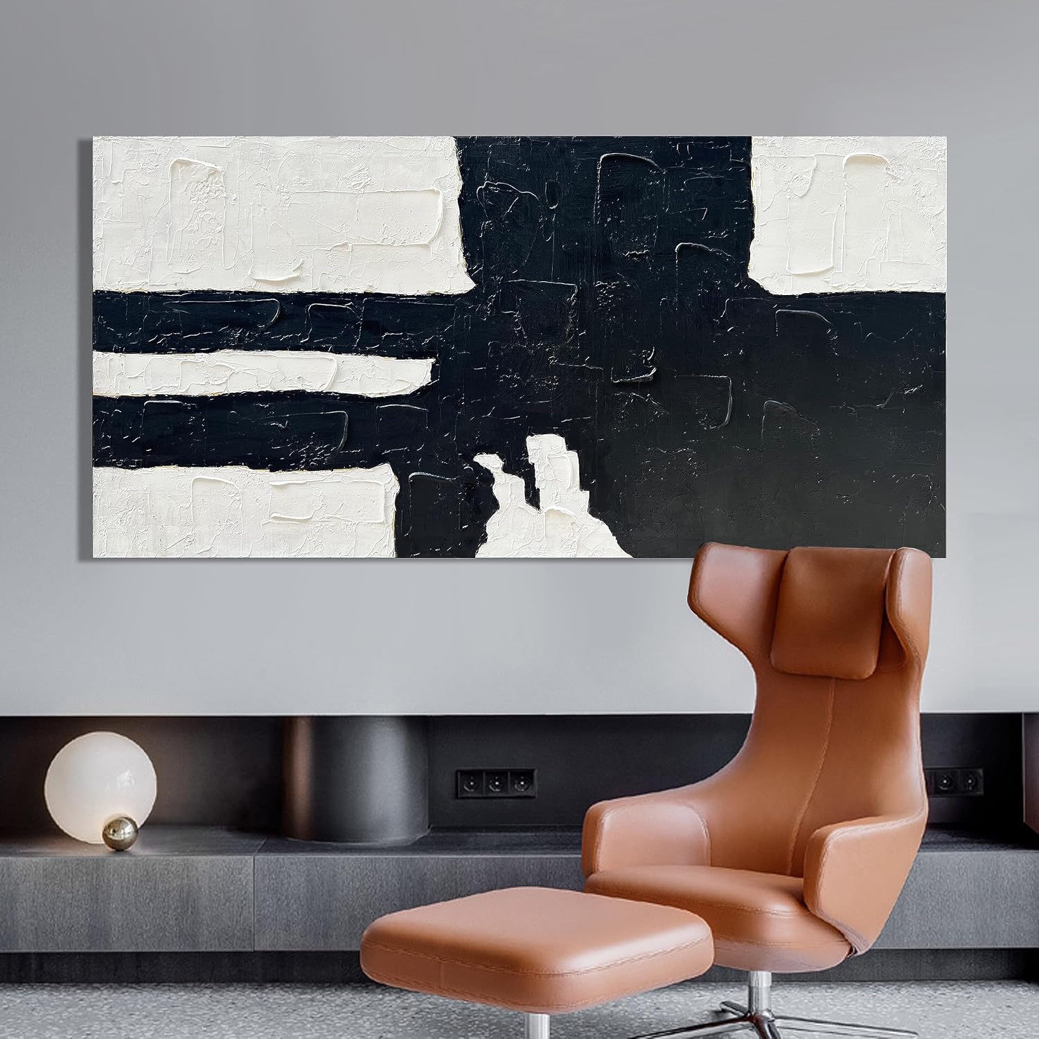 NANKAI Hand-Painted Black and white minimalist style abstract art painting for large-scale wall decoration, 30x60 inches