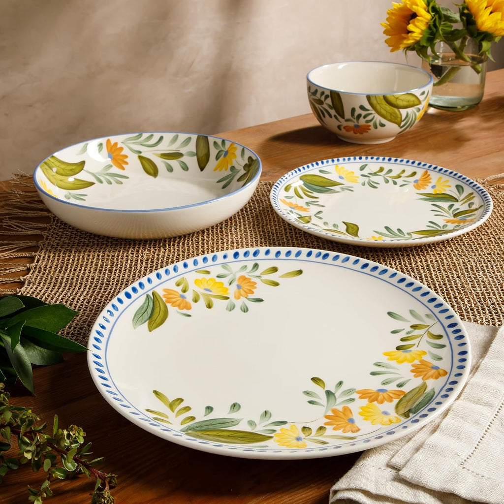 Bloomhouse - Two Time Oprah's Favorite Things Winner - Posy Blossom Double Bowl Hand Painted Stoneware Plates and Bowls Floral Dinnerware Set, Service for Four (16pcs)