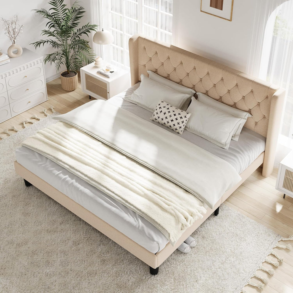 Allewie King Size Bed Frame with Button Tufted Wingback Headboard, Modern Upholstered Bed Frame with Solid Wooden Slats Support - No Box Spring Needed, Easy Assembly, Beige