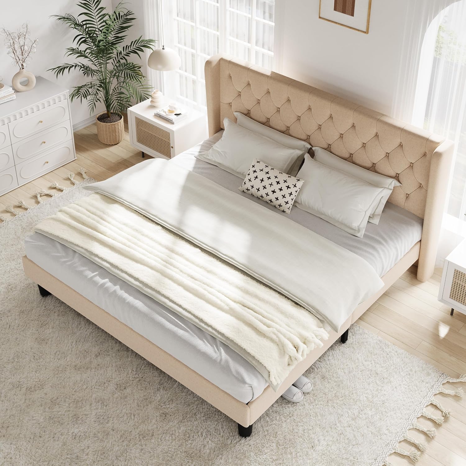 Allewie King Size Bed Frame with Button Tufted Wingback Headboard, Modern Upholstered Bed Frame with Solid Wooden Slats Support - No Box Spring Needed, Easy Assembly, Beige