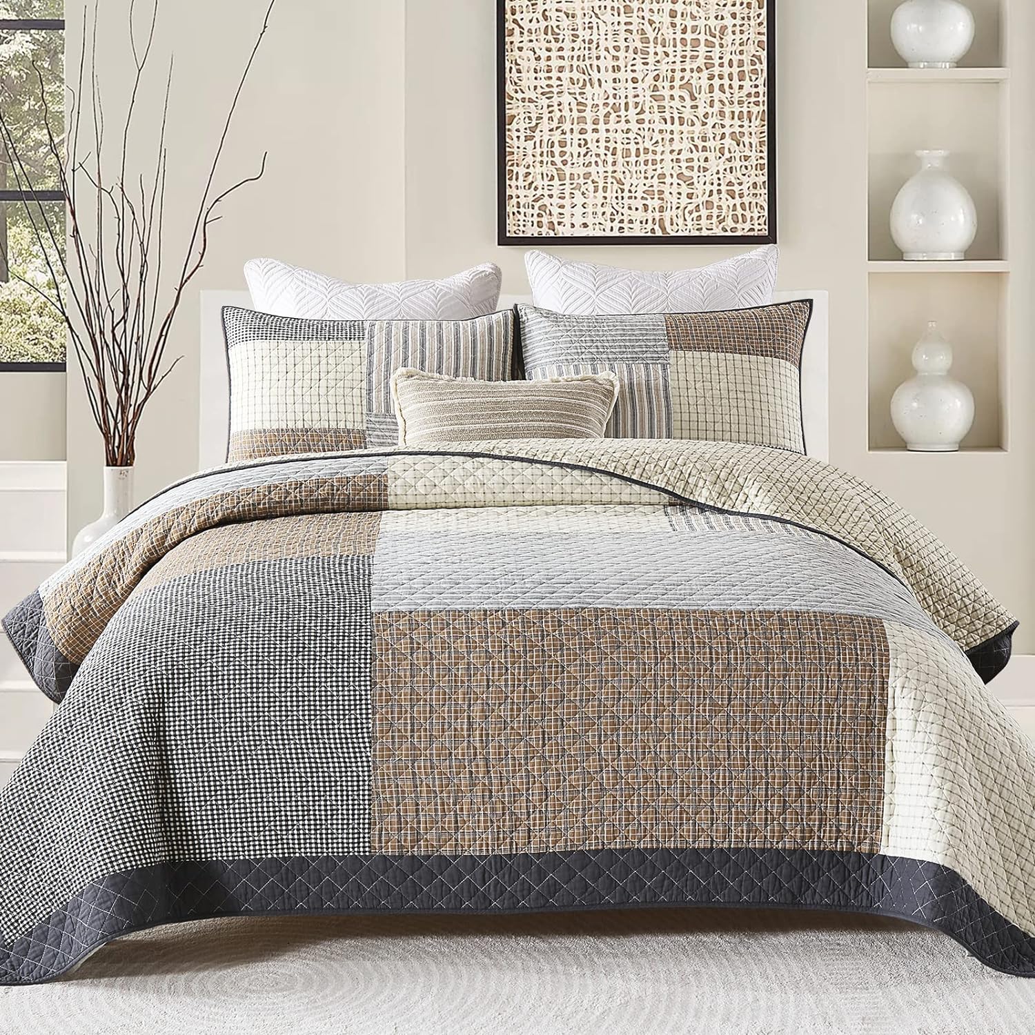 Quilts King Size - King Quilt Bedspread Sets, 100% Cotton Patchwork Quilt Bedding Set for King Bed, 3 Pieces Plaid Farmhouse Reversible Rustic Lightweight Comforter Spread, Brown/Beige/Gray