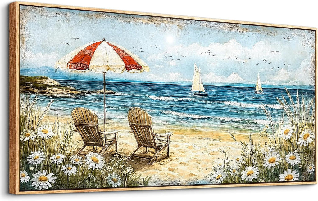 ERQINHUA Large Wall Decor Canvas Painting Wall Art For Living Room Bedroom Home Decoration Blue Seaside Landscape Painting Print For office Dining Room Bathroom Wall Aesthetics Wood Frame 30x60 In