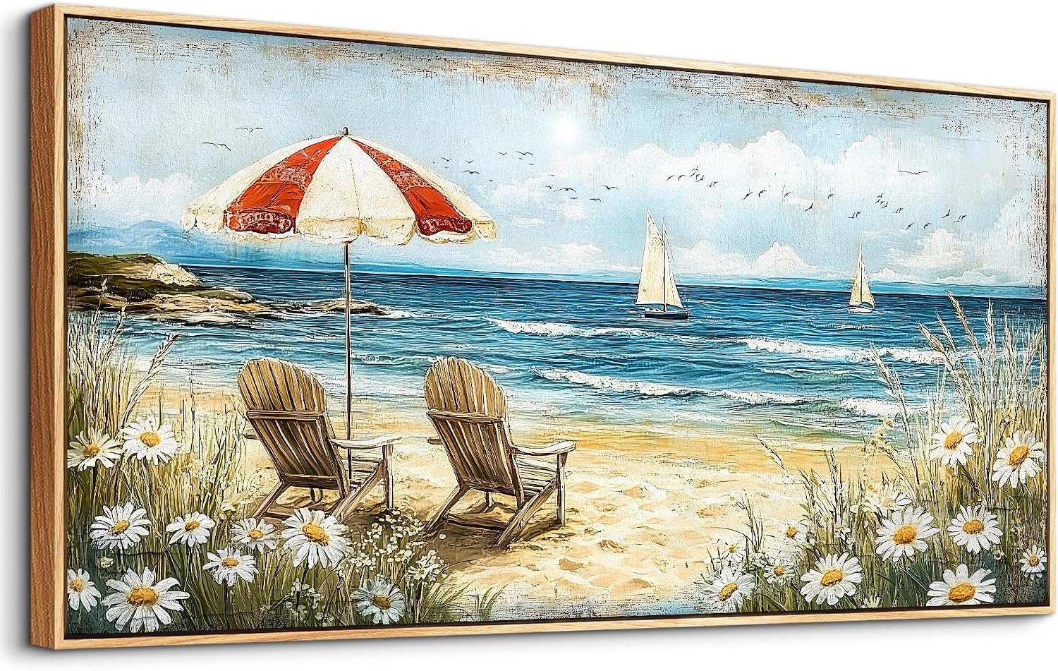 ERQINHUA Large Wall Decor Canvas Painting Wall Art For Living Room Bedroom Home Decoration Blue Seaside Landscape Painting Print For office Dining Room Bathroom Wall Aesthetics Wood Frame 30x60 In