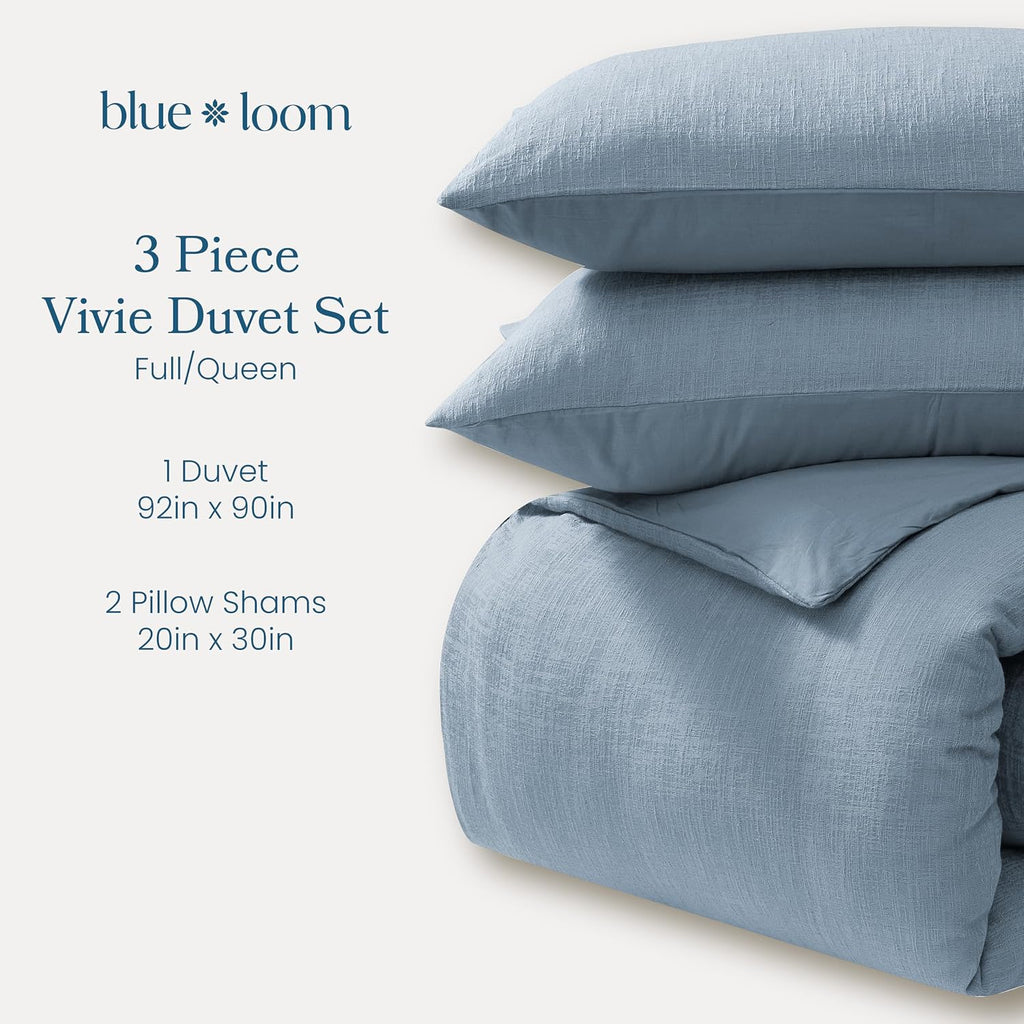 Blue Loom Duvet 100% Cotton Set, 3 Piece, Stone Washed Duvet Set Full/Queen Size 92' x 90' with 2 Matching Pillow Shams, Comforter Not Included, Vivie - Denim Blue