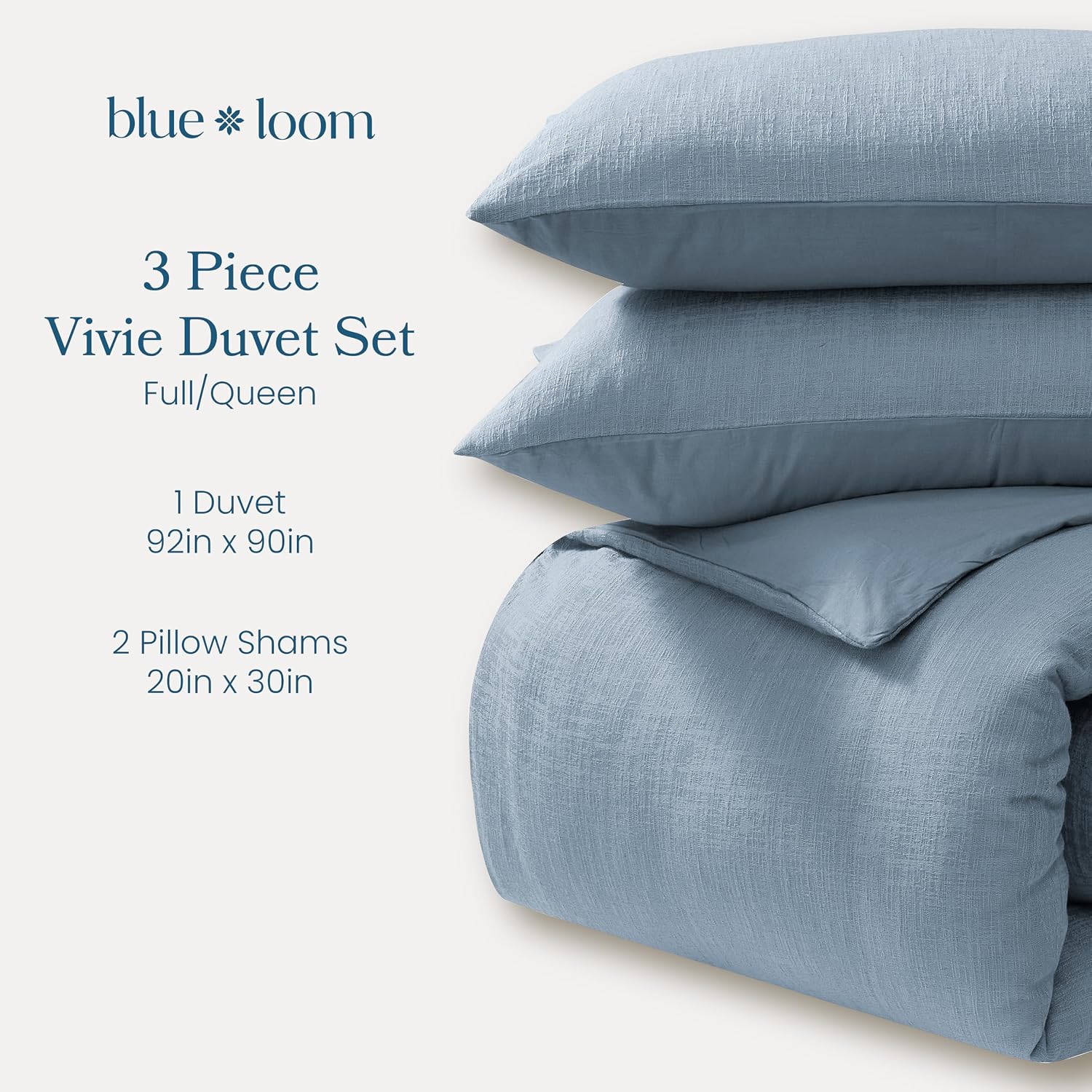 Blue Loom Duvet 100% Cotton Set, 3 Piece, Stone Washed Duvet Set Full/Queen Size 92' x 90' with 2 Matching Pillow Shams, Comforter Not Included, Vivie - Denim Blue