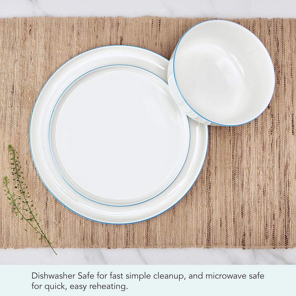 Mikasa Samantha 12 Piece Bone China Dinnerware Set, Service for 4, Flat Plates and Bowl with Blue Rim, Chip-Resistant, Lightweight, Elegant and Durable, White